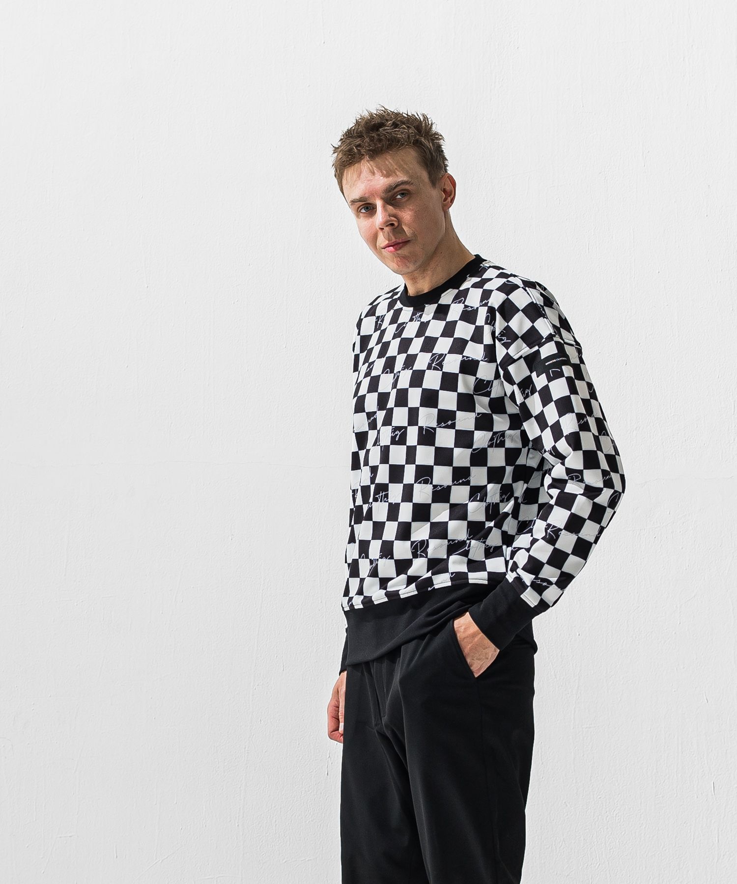 CHECKER BACK FLEECE TRAINER / RC42-C-010 / 裏起毛チェッカー柄トレーナー / ホワイト×ブラック (11月上旬入荷予定)