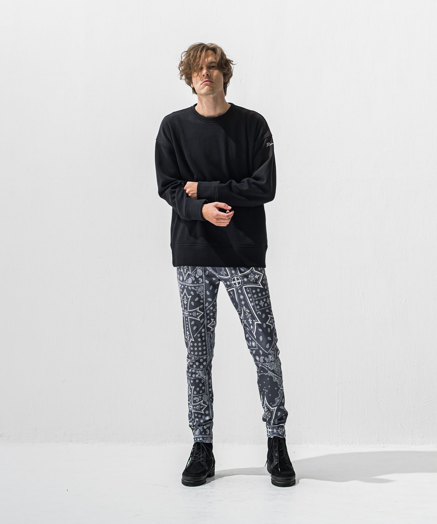 VELOURS FLEECE THERMAL LOOSE TRAINER / RC42-C-002 / 裏起毛サーマルトレーナー / ブラック (10月下旬入荷予定)