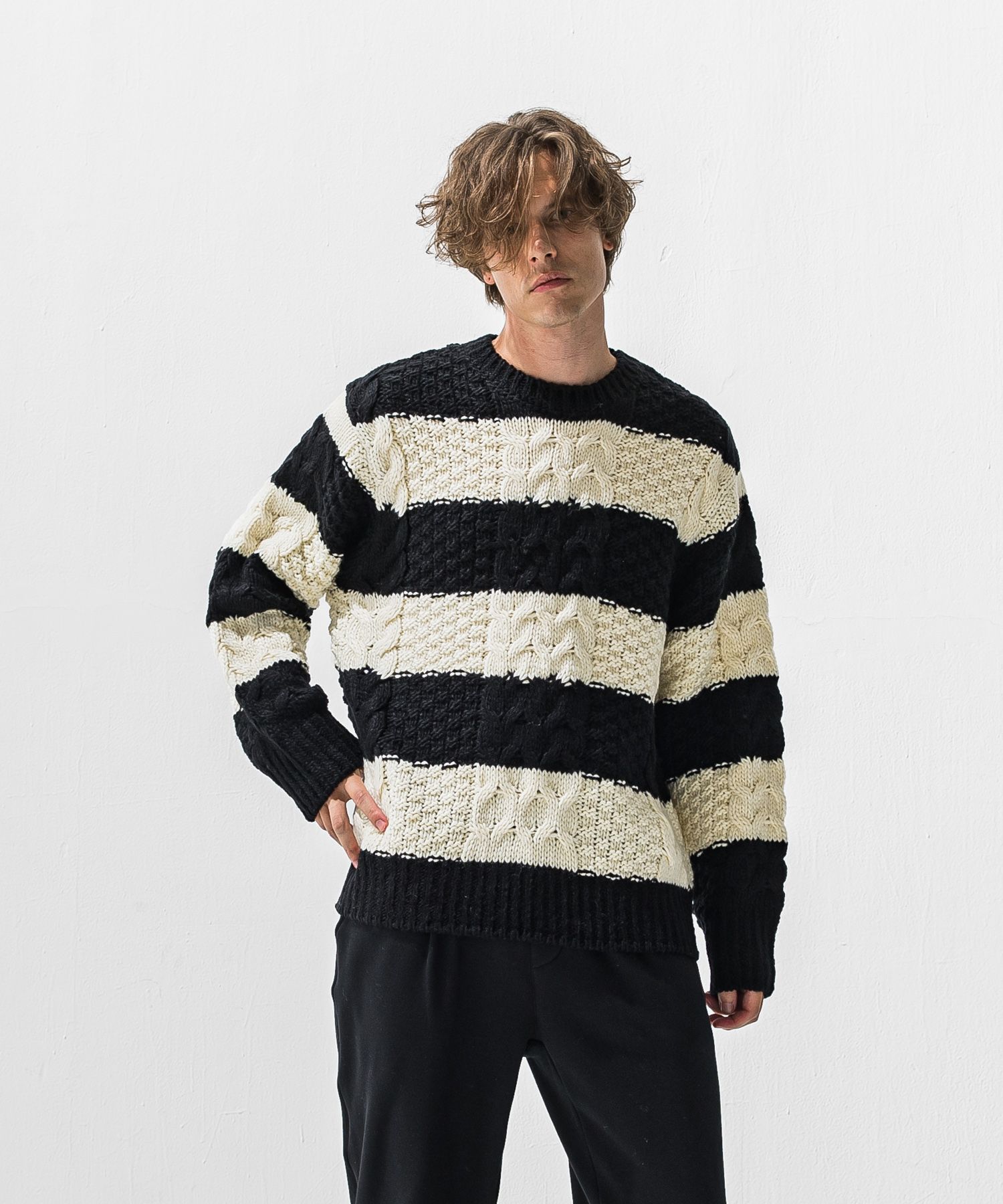 CABLE LAW SWEATER / RC42-K-002 / ケーブルニット / ブラック×ホワイト (10月下旬入荷予定)