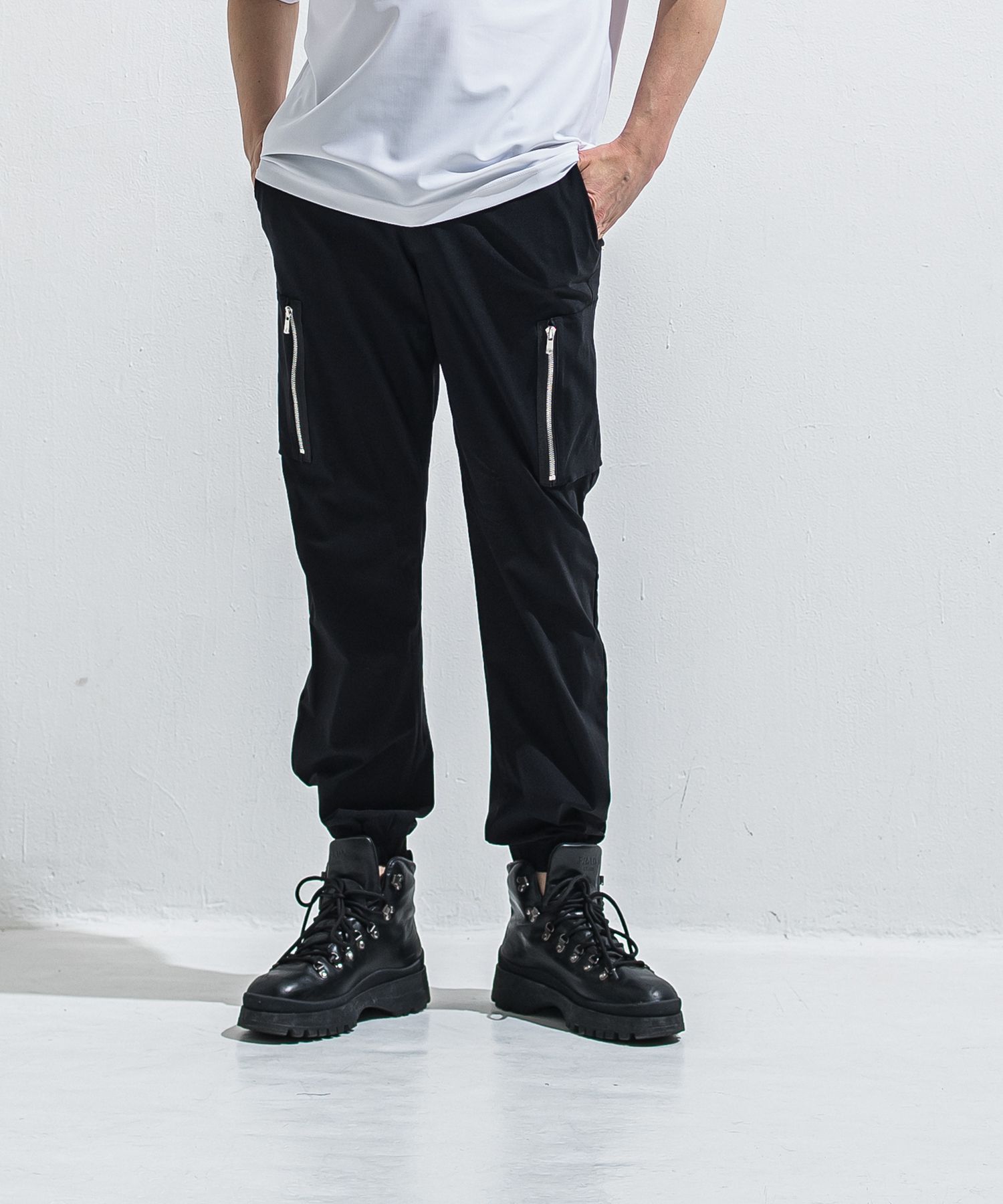 DAVID NYLON CARGO PANTS / RC40-ST-040 / ミリタリーナイロン裾ゴムカーゴパンツ / ブラック (6月中旬入荷予定)