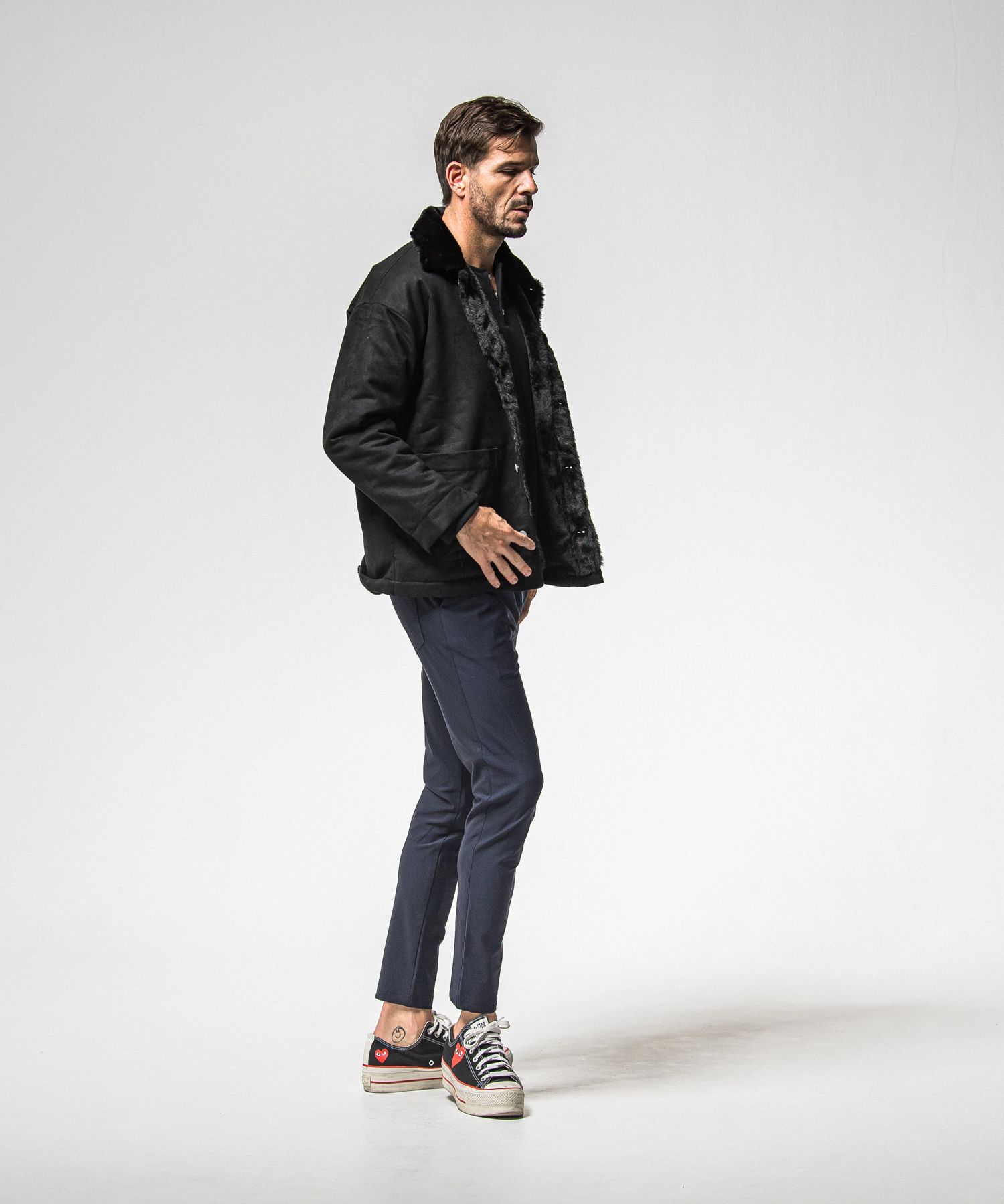 VELOURS FLEECE THERMAL HENRY / RC38-C-003 / 裏起毛サーマルヘンリーネックロングTシャツ / ブラック (10月中旬入荷予定)