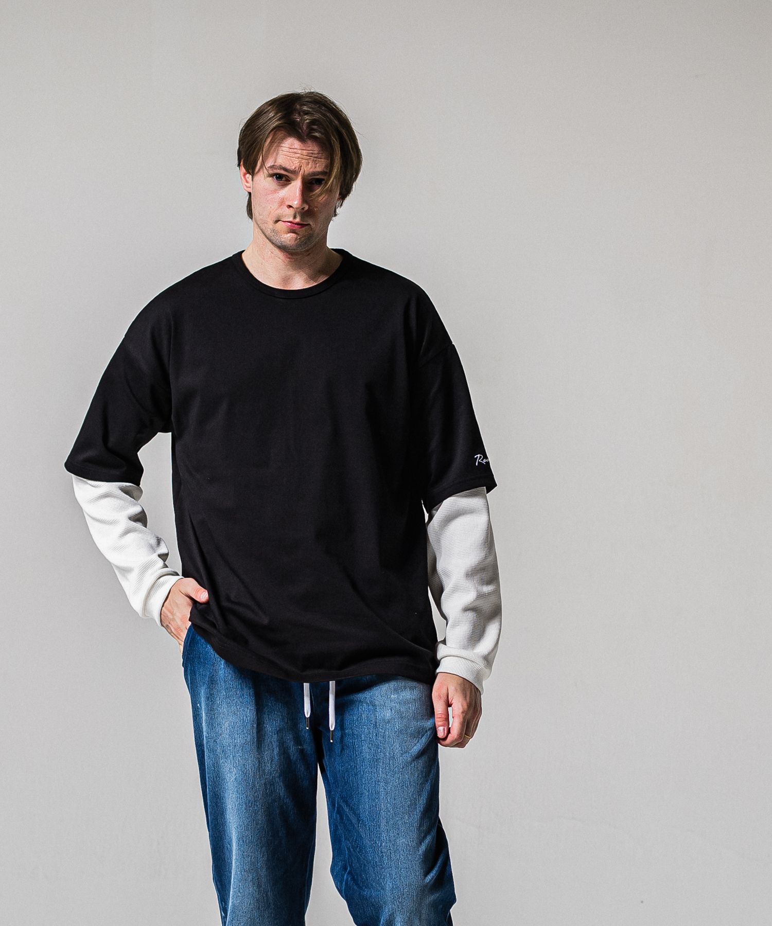 FAKE LAYERED WAFFLE LONG SLEEVE / RC39-T-007 / サーマルレイヤードロングスリーブTシャツ / ブラック×ホワイト (1月下旬入荷予定)