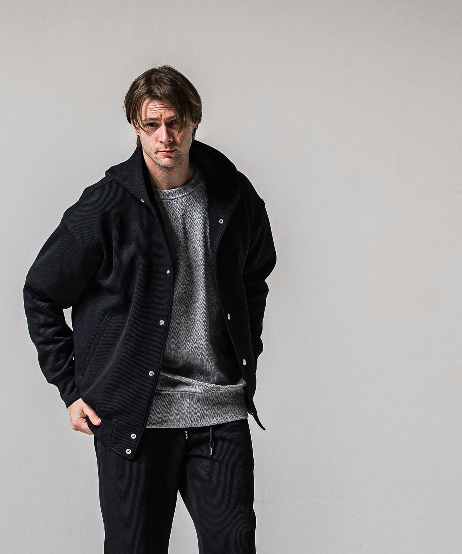 AZE VARSITY HOODIE / RC39-C-006 / 高機能畦編みニットトレーナー / ブラック (1月中旬入荷予定)