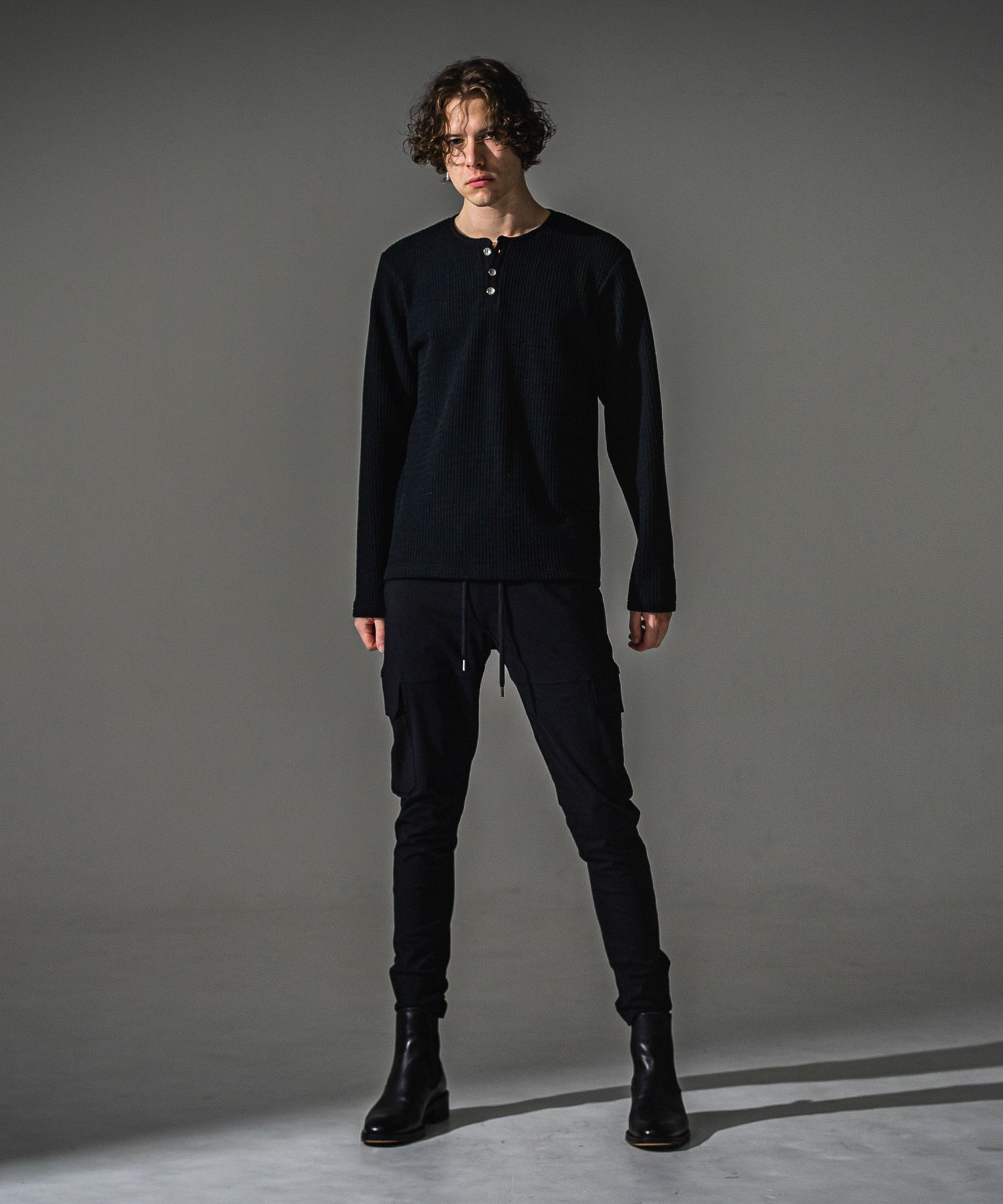 KNT HENRY / RC41-C-001 / コットンニットヘンリーネックロングTシャツ / ブラック (9月上旬入荷予定)