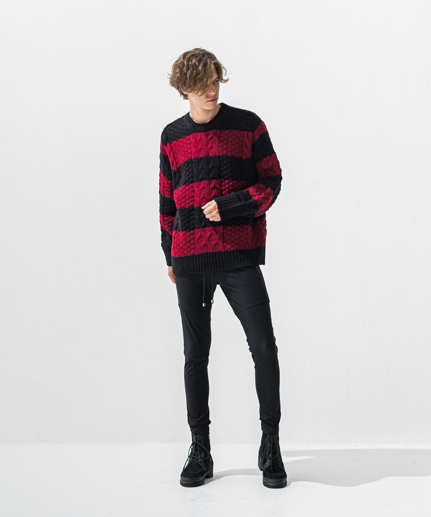 CABLE LAW SWEATER / RC42-K-002 / ケーブルニット / ブラック×レッド (10月下旬入荷予定)