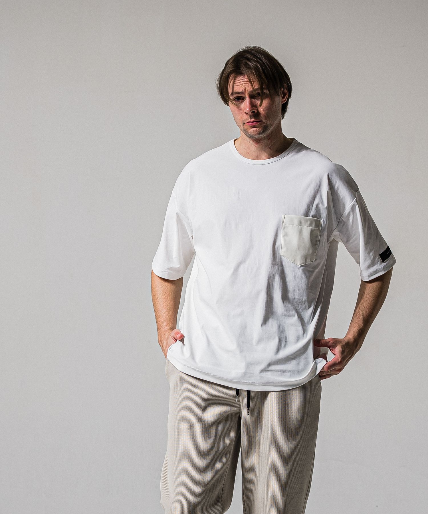 LEATHER POCKET OVER NYLON T / RC39-T-005 / レザーポケットナイロンビッグTシャツ / ホワイト (4月上旬入荷予定)