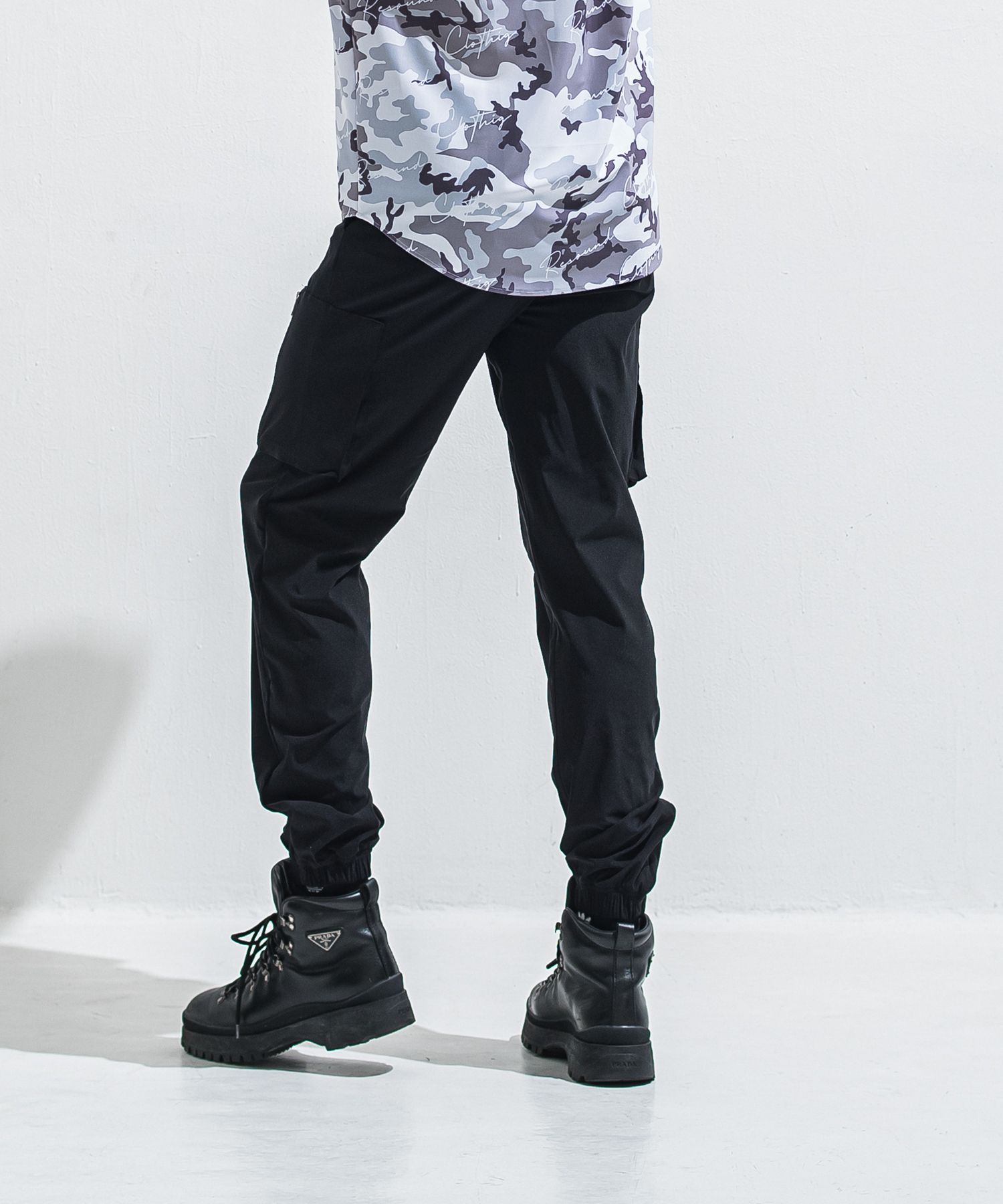 DAVID NYLON CARGO PANTS / RC40-ST-040 / ミリタリーナイロン裾ゴムカーゴパンツ / ブラック (6月中旬入荷予定)