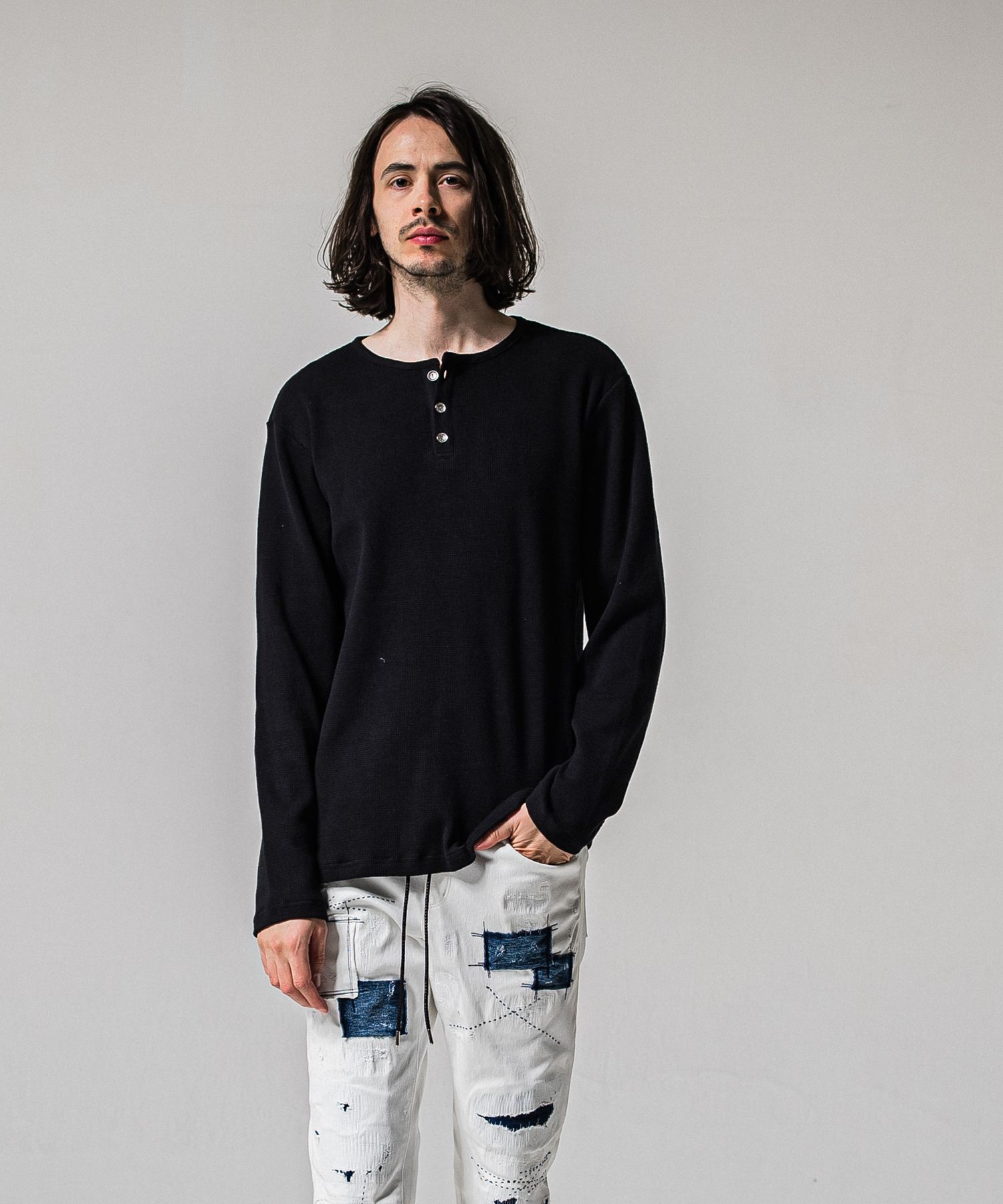 WAFFLE HENRY / RC39-C-001 / サーマルヘンリーネックロングTシャツ / ブラック (1月中旬入荷予定)