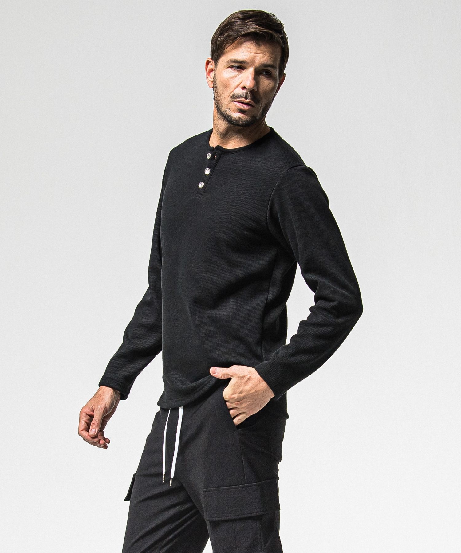 VELOURS FLEECE THERMAL HENRY / RC38-C-003 / 裏起毛サーマルヘンリーネックロングTシャツ / ブラック (10月中旬入荷予定)