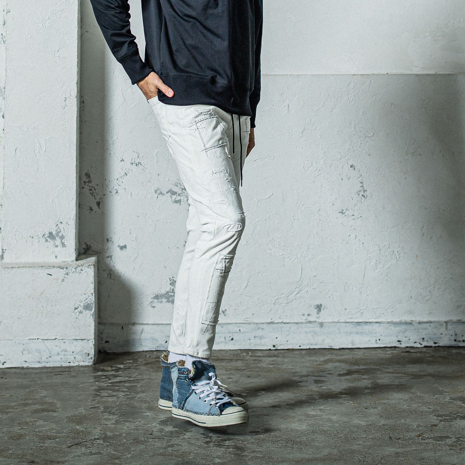 MICK DENIM JERSEY / RC35-ST-020 / デニムジャージテーパードパンツ / ホワイトリメイク