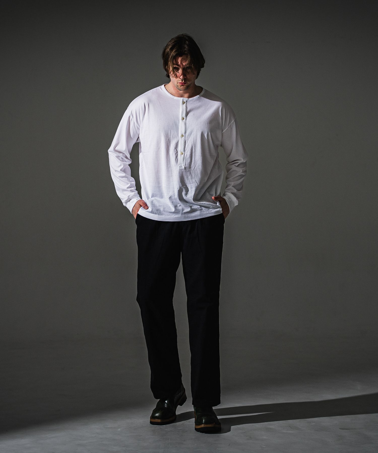 OVER HENRY LONGSLEEVE / RC41-T-004 / オーバーサイズヘンリーネック長袖Tシャツ / ホワイト (7月中旬入荷予定)