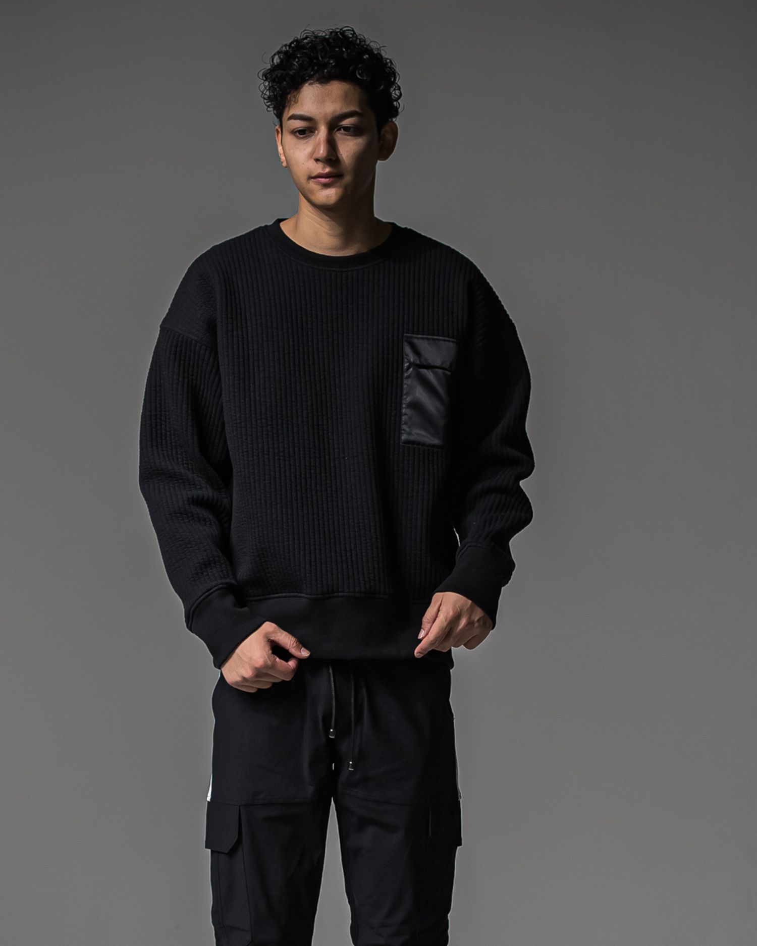 STRIPE QUILTING DROP TRAINER / RC37-C-003 / ストライプキルティングトレーナー / ブラック (9月下旬入荷予定)