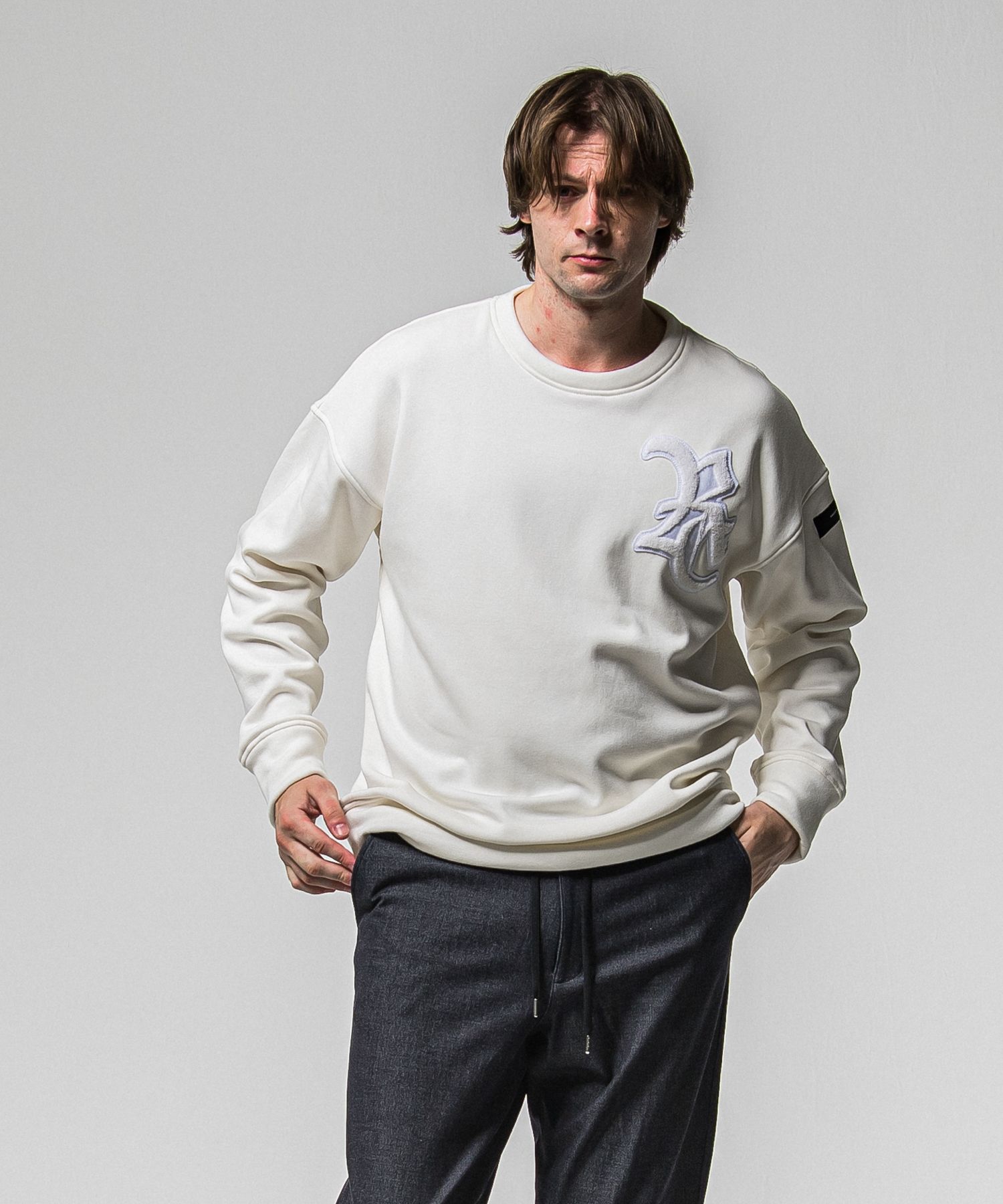 RC CHENILLE VELOURS FLEECE DROP TRAINER / RC38-C-004 / 裏起毛刺繍ワッペントレーナー / ホワイト (11月上旬入荷予定)