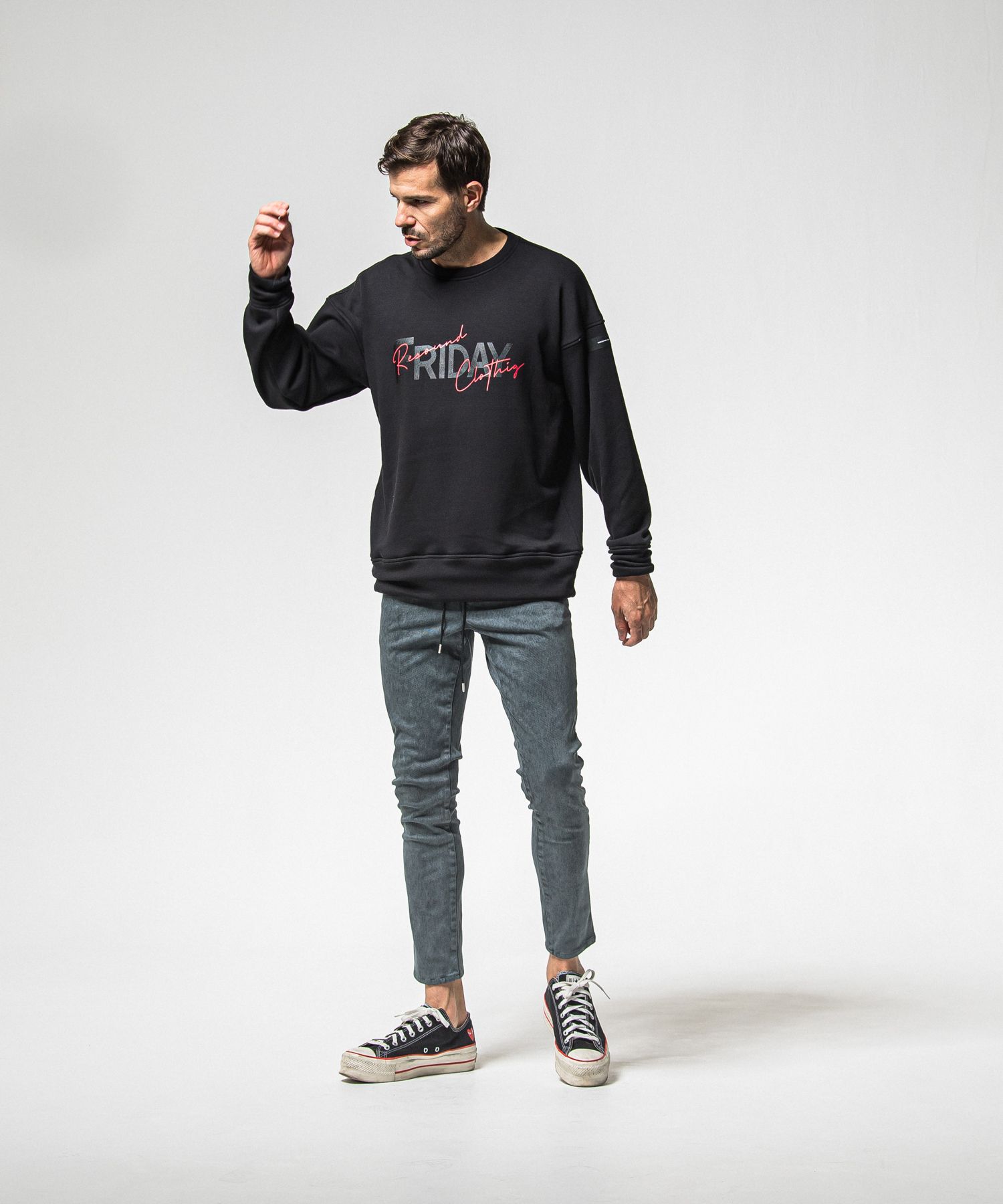 【FRIDAYコラボ】 FRIDAY OLD LOGO VELOURS FLEECE TRAINER / RCF1-C-003 / 裏起毛FRIDAYオールドロゴトレーナー / ブラック (11月上旬入荷予定)