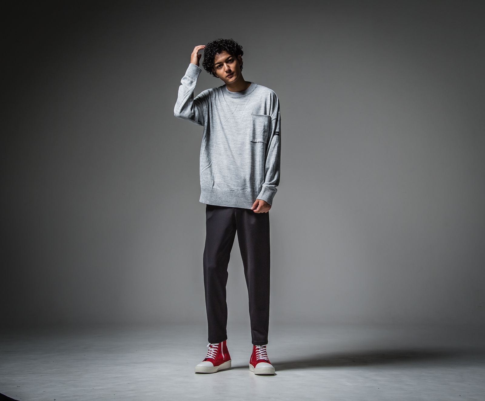 PAT WIDE EASY PANTS / RC30-ST-036H / ベルト付き裏起毛テーパードワイドパンツ / ブラック