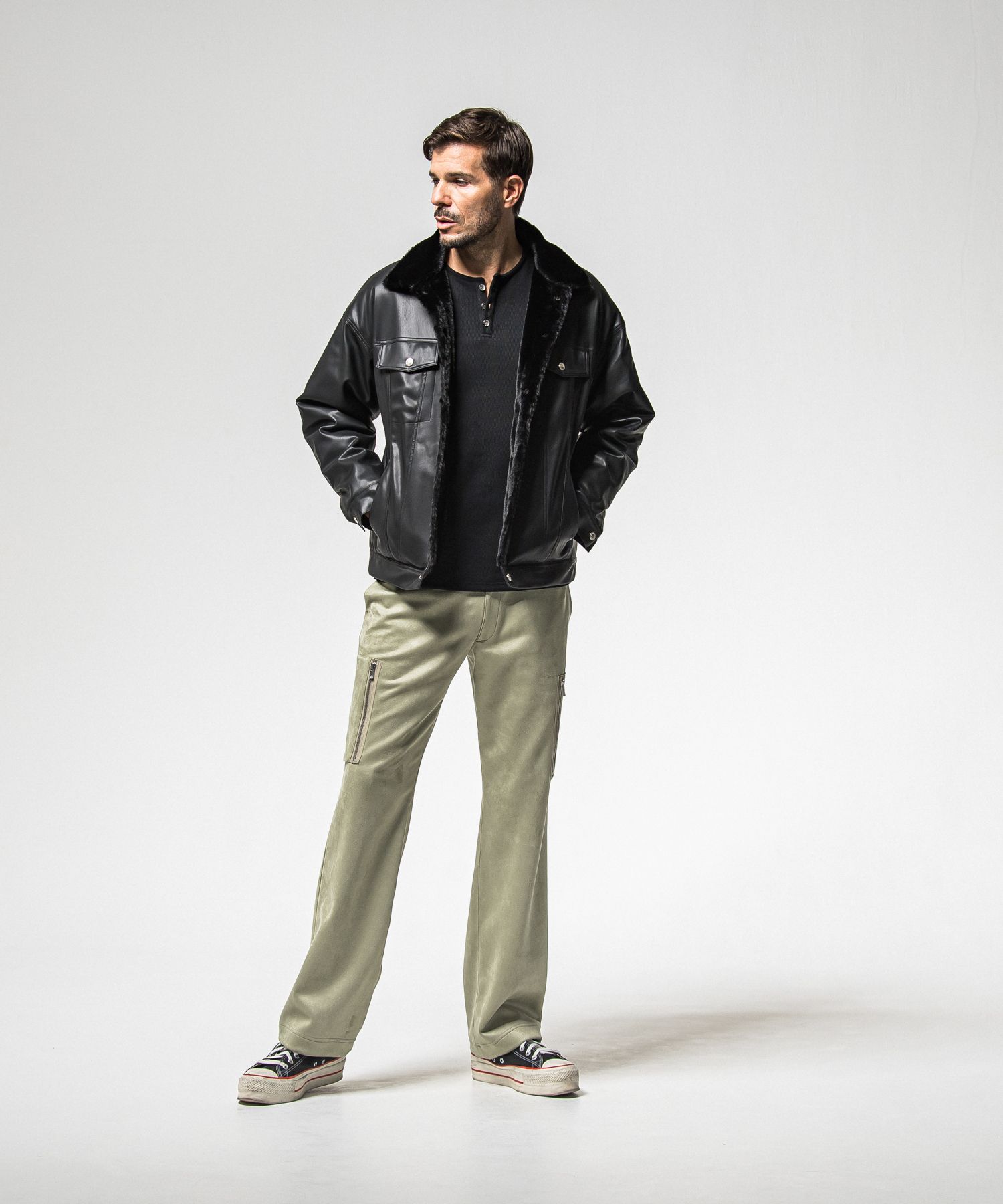 VELOURS FLEECE THERMAL HENRY / RC38-C-003 / 裏起毛サーマルヘンリーネックロングTシャツ / ブラック (10月中旬入荷予定)