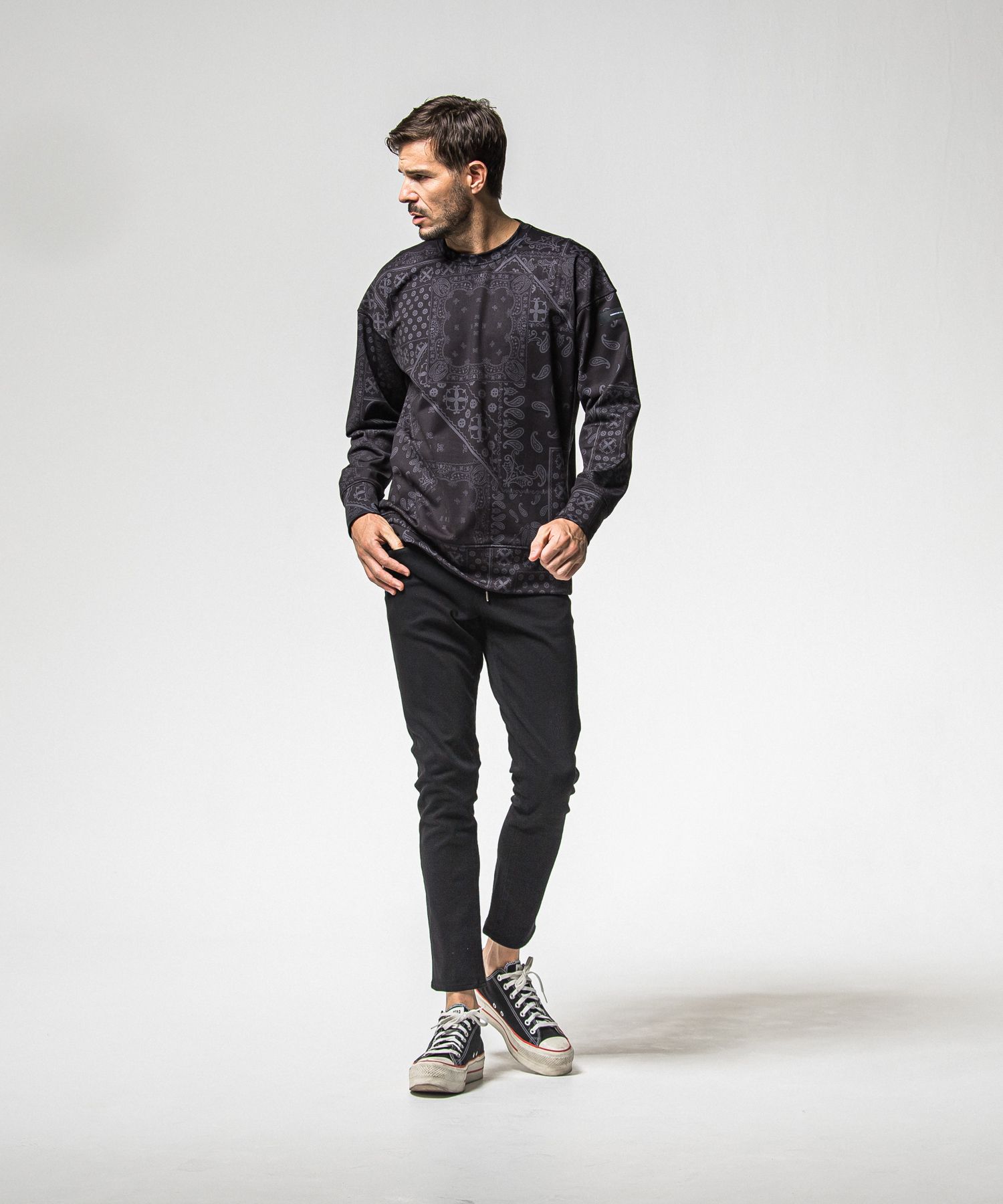 PAISLEY BACK FLEECE DROP TRAINER / RC38-C-008 / 裏起毛ペイズリートレーナー / ブラック (10月中旬入荷予定)