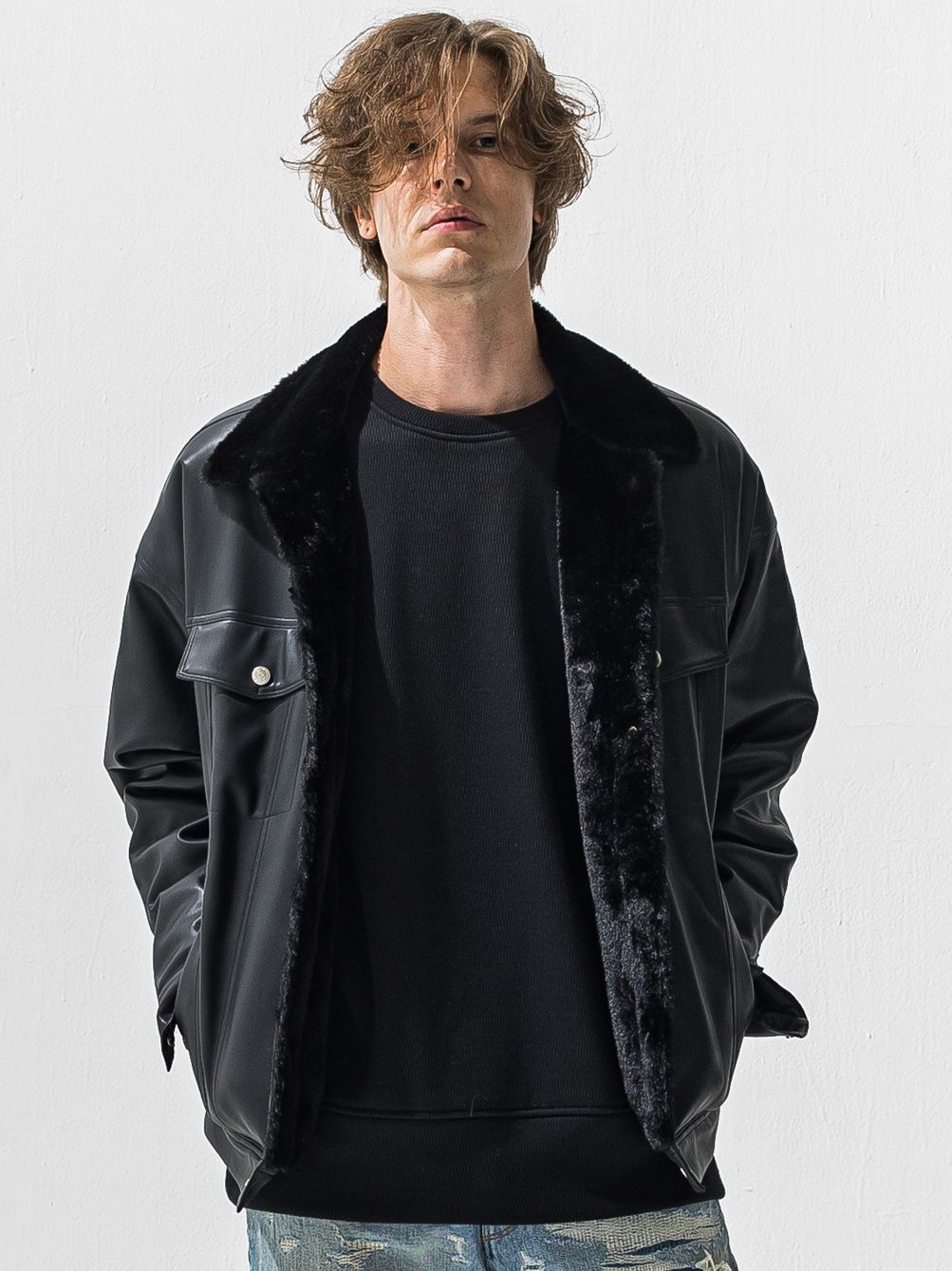 LEATHER FUR OVER G / RC42-JK-001 / エコレザーファーGジャン / ブラック (11月中旬入荷予定)