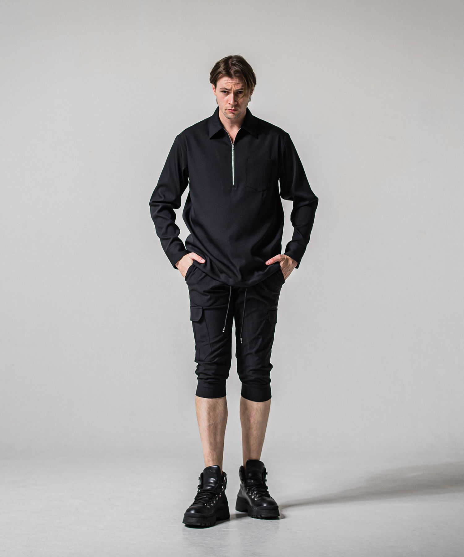 PULLOVER SATIN SHIRT / RC39-SH-002 / ハーフジップサテンシャツ / ブラック (3月上旬入荷予定)