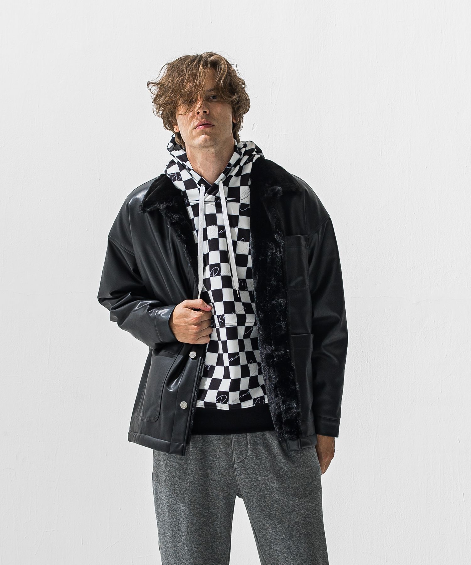 CHECKER BACK FLEECE HOODIE / RC42-C-009 / 裏起毛チェッカー柄プルオーバーパーカー / ホワイト×ブラック (11月上旬入荷予定)