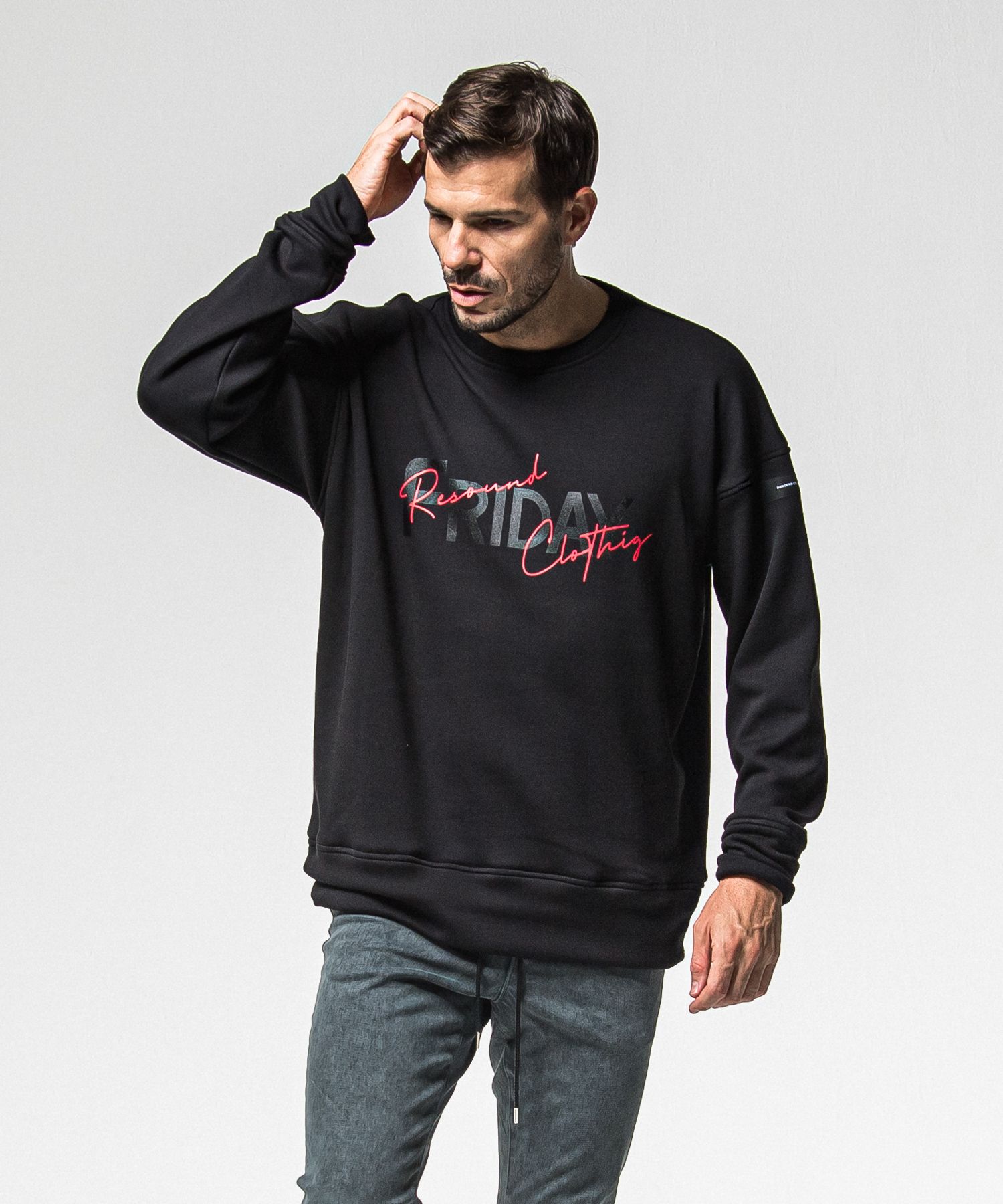 【FRIDAYコラボ】 FRIDAY OLD LOGO VELOURS FLEECE TRAINER / RCF1-C-003 / 裏起毛FRIDAYオールドロゴトレーナー / ブラック (11月上旬入荷予定)