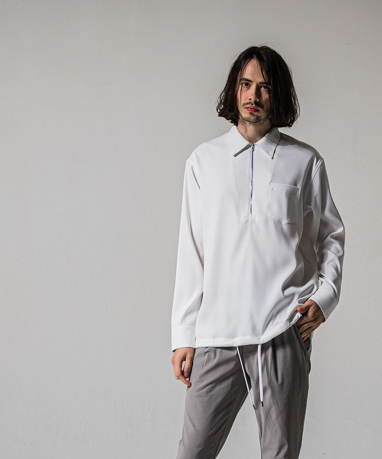 PULLOVER SATIN SHIRT / RC39-SH-002 / ハーフジップサテンシャツ / ホワイト (3月上旬入荷予定)