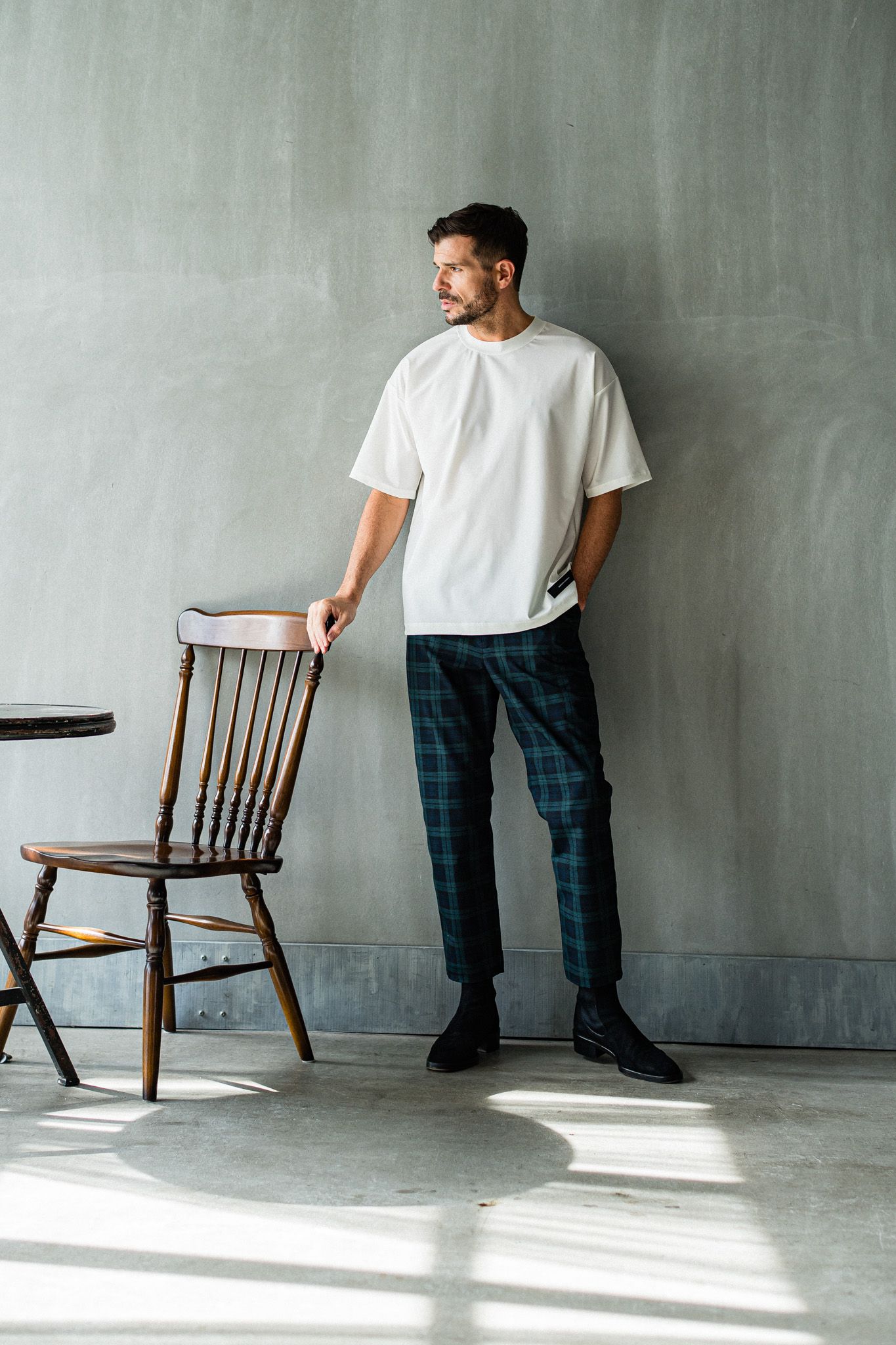 PAT WIDE EASY PANTS / RC32-ST-036 / ベルト付きテーパードワイドパンツ / グリーンチェック