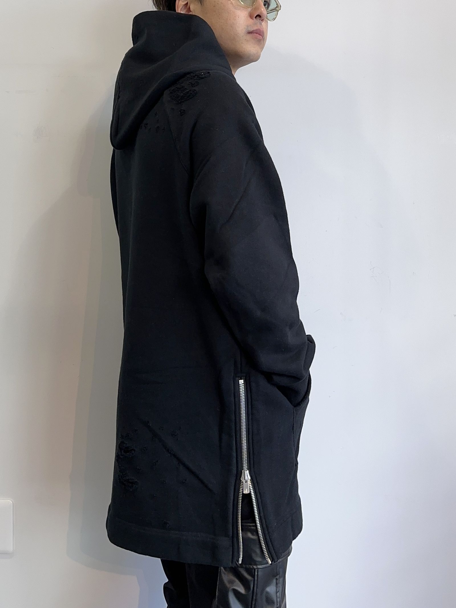 LONG HOODED P/O / RC9-C-003 / ダメージ加工ロングパーカー / ブラッククラッシュ