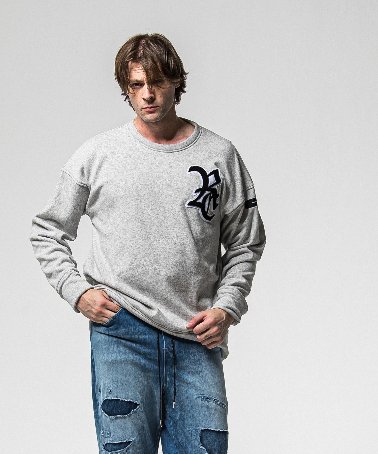RC CHENILLE VELOURS FLEECE DROP TRAINER / RC38-C-004 / 裏起毛刺繍ワッペントレーナー / グレー (11月上旬入荷予定)