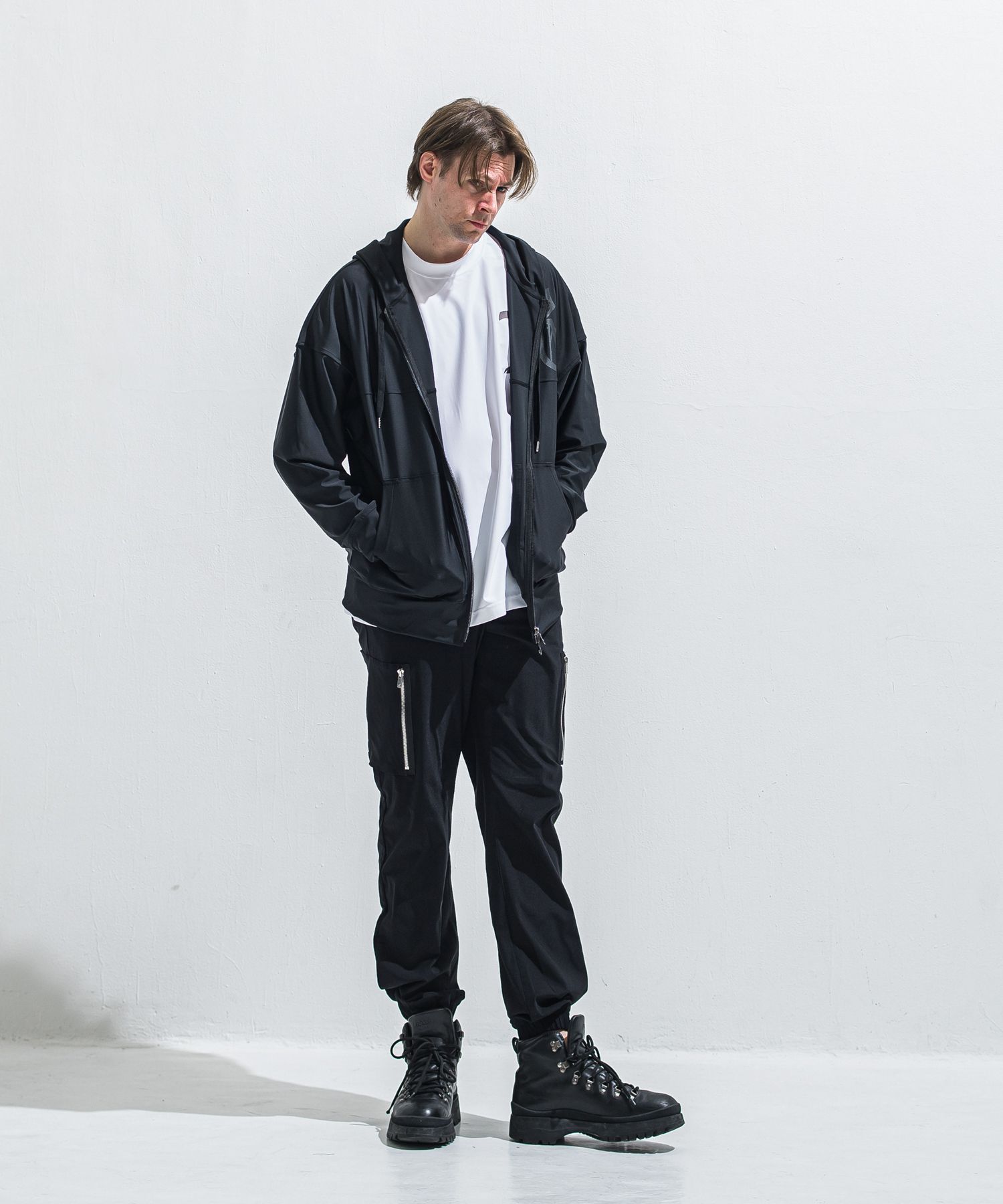 DAVID NYLON CARGO PANTS / RC40-ST-040 / ミリタリーナイロン裾ゴムカーゴパンツ / ブラック (6月中旬入荷予定)