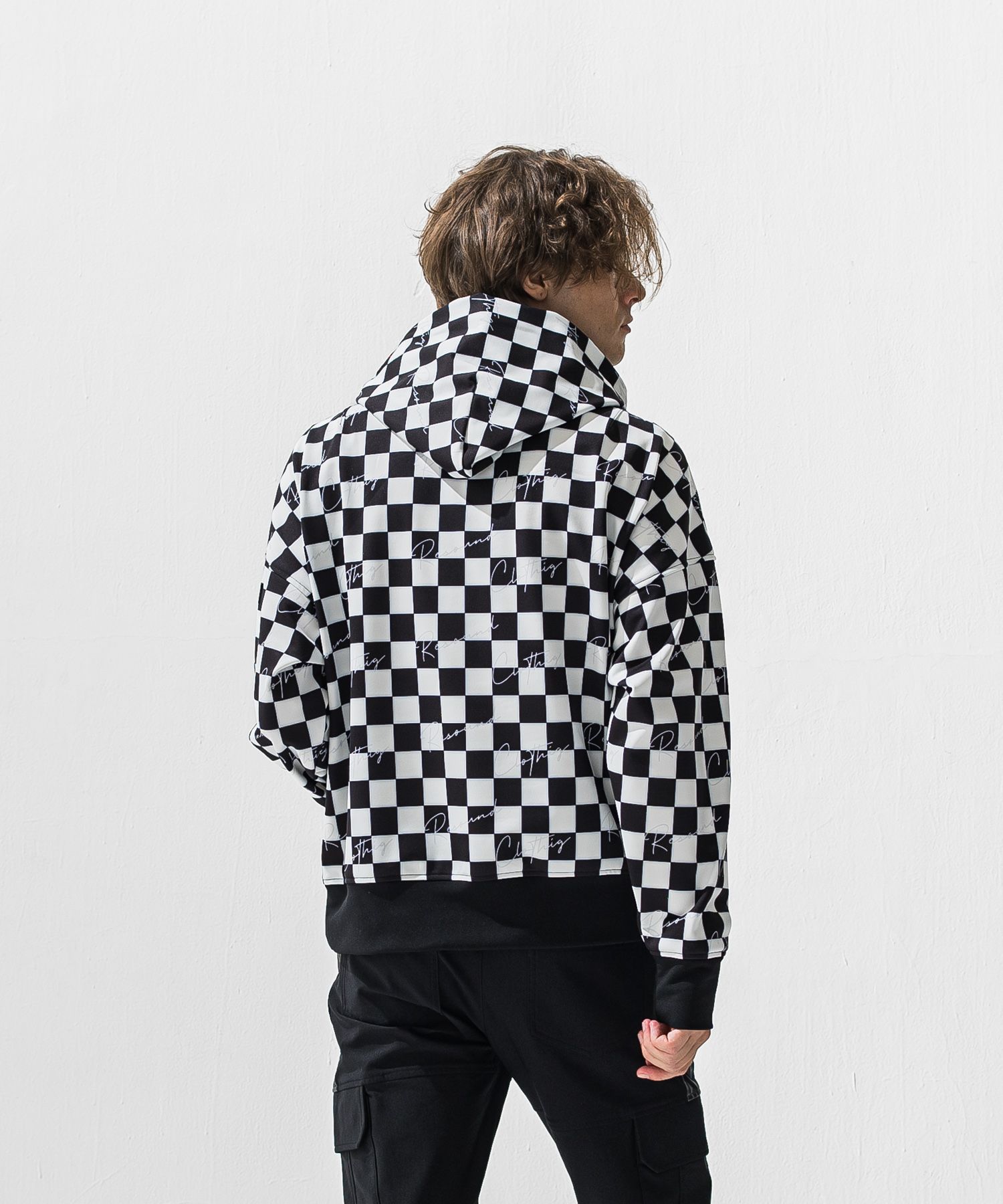 CHECKER BACK FLEECE HOODIE / RC42-C-009 / 裏起毛チェッカー柄プルオーバーパーカー / ホワイト×ブラック (11月上旬入荷予定)