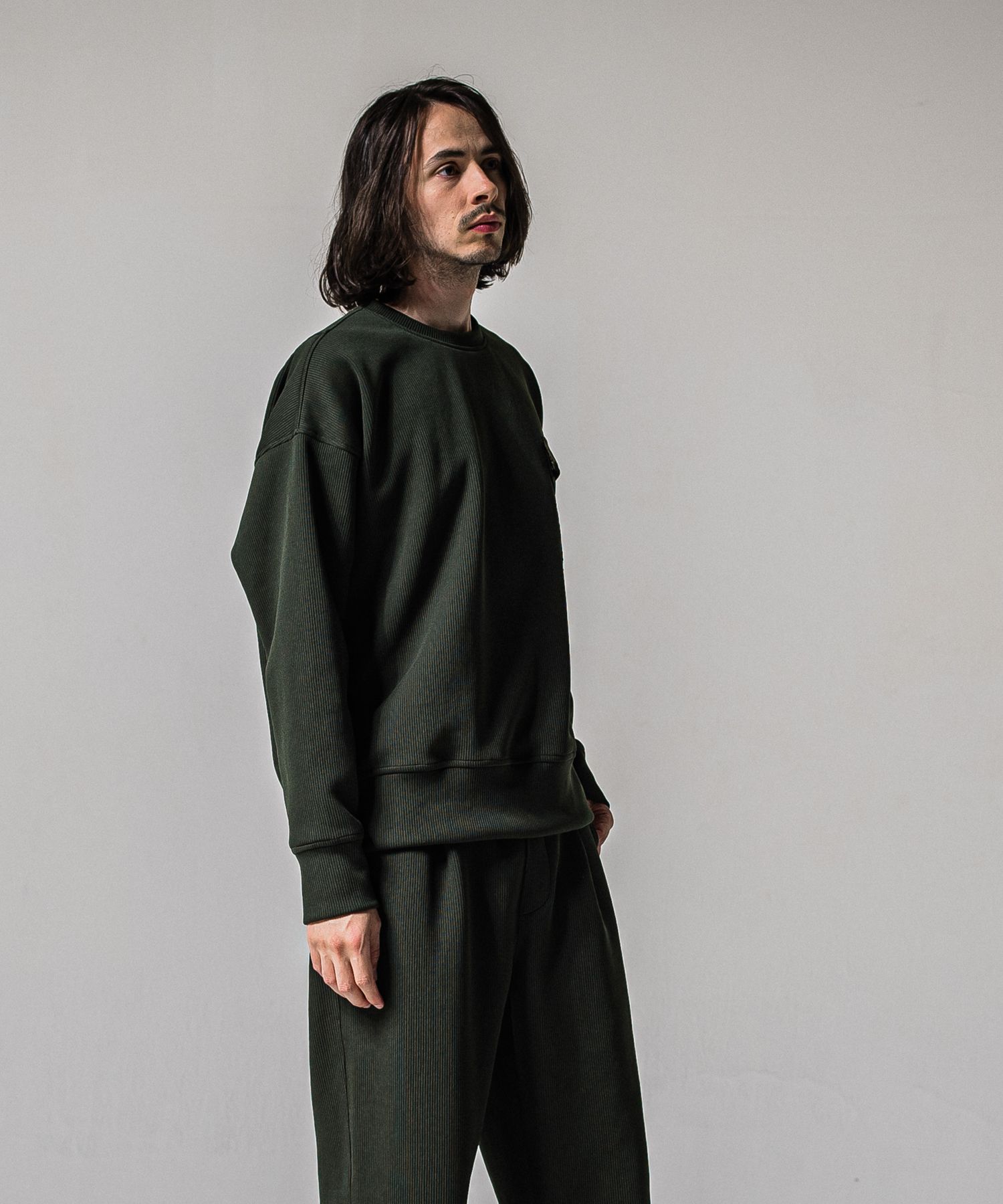 AZE MILITARY DROP TRAINER / RC39-C-003 / 高機能畦編みニットトレーナー / カーキ (1月下旬入荷予定)