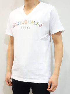 カラフルラインストーンアーチロゴVネックTシャツ / ust-20007