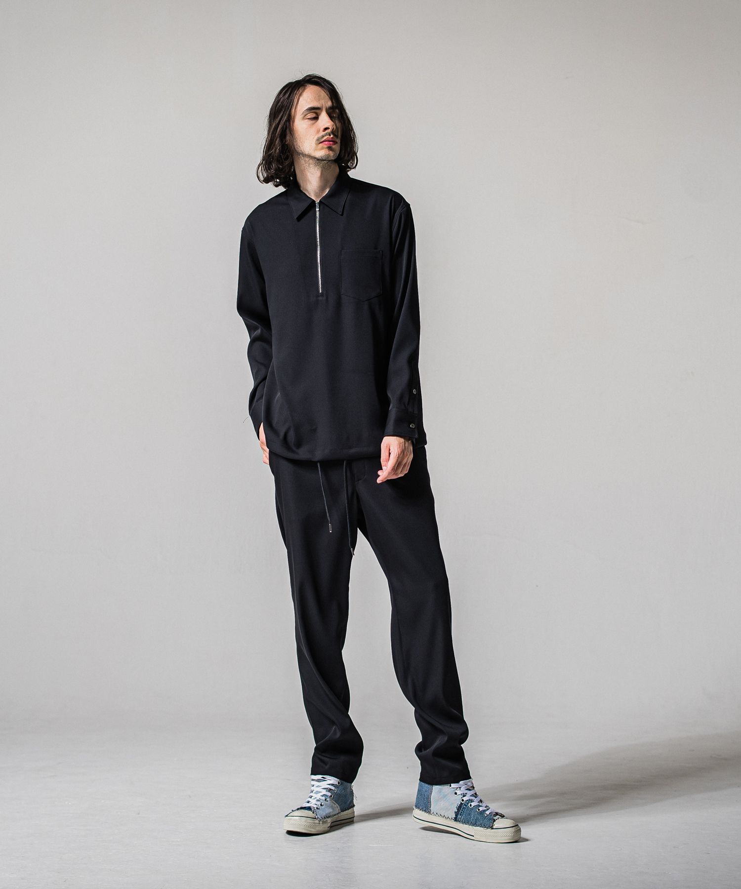 PULLOVER SATIN SHIRT / RC39-SH-002 / ハーフジップサテンシャツ / ブラック (3月上旬入荷予定)