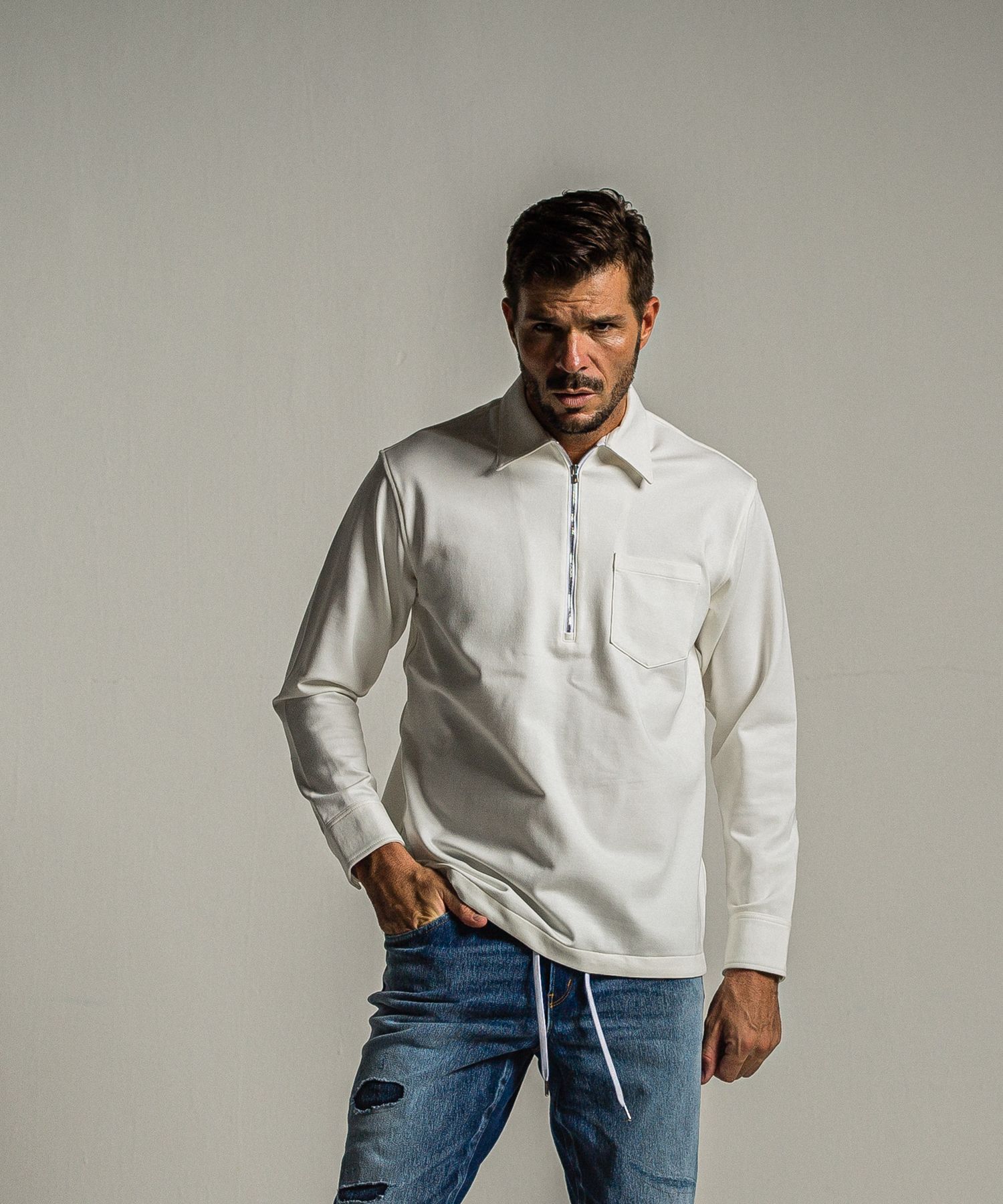 PULLOVER JERSEY SHIRT / RC34-SH-002 / 裏起毛ハーフジップシャツ / ホワイト