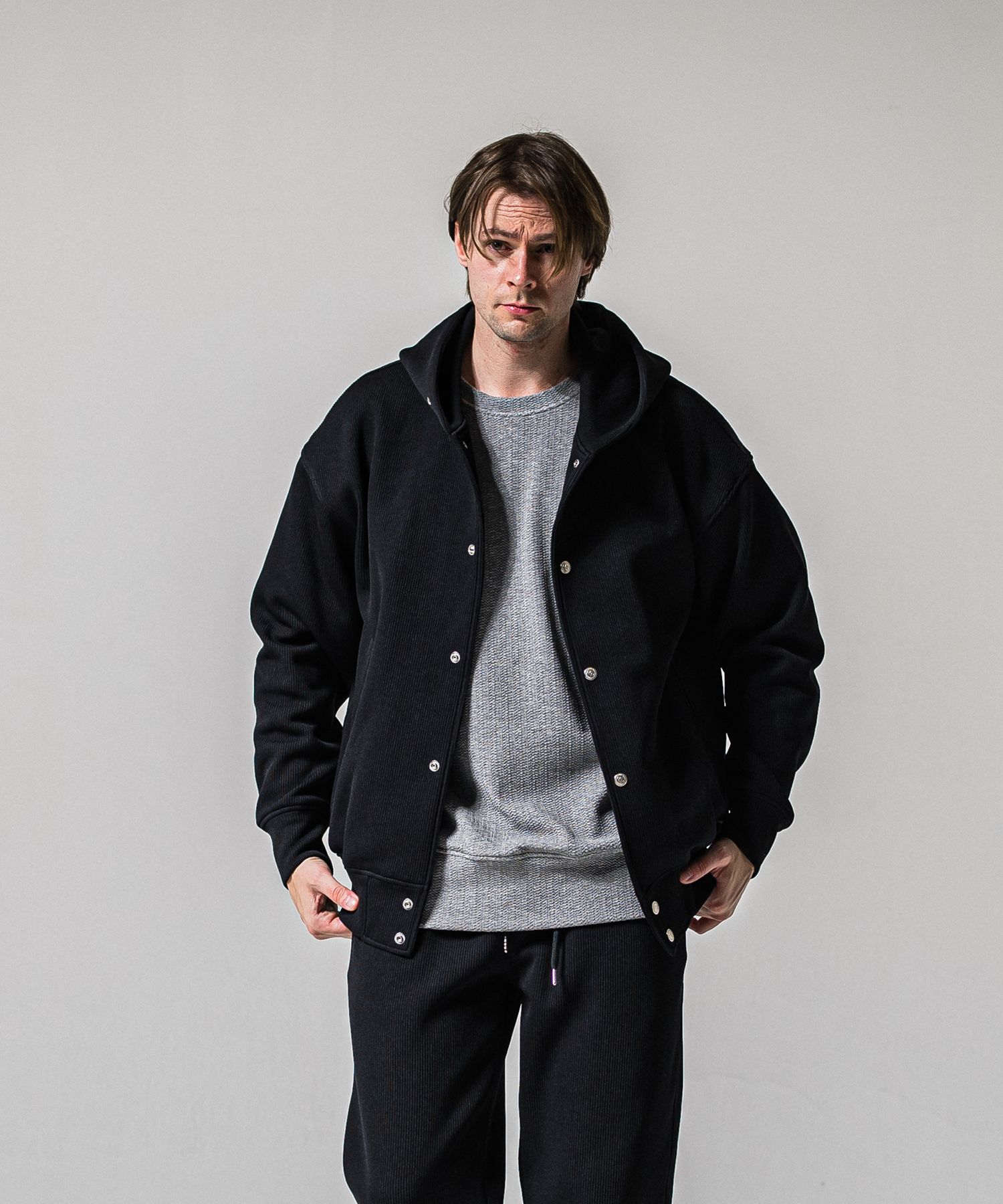 AZE VARSITY HOODIE / RC39-C-006 / 高機能畦編みニットトレーナー / ブラック (1月中旬入荷予定)