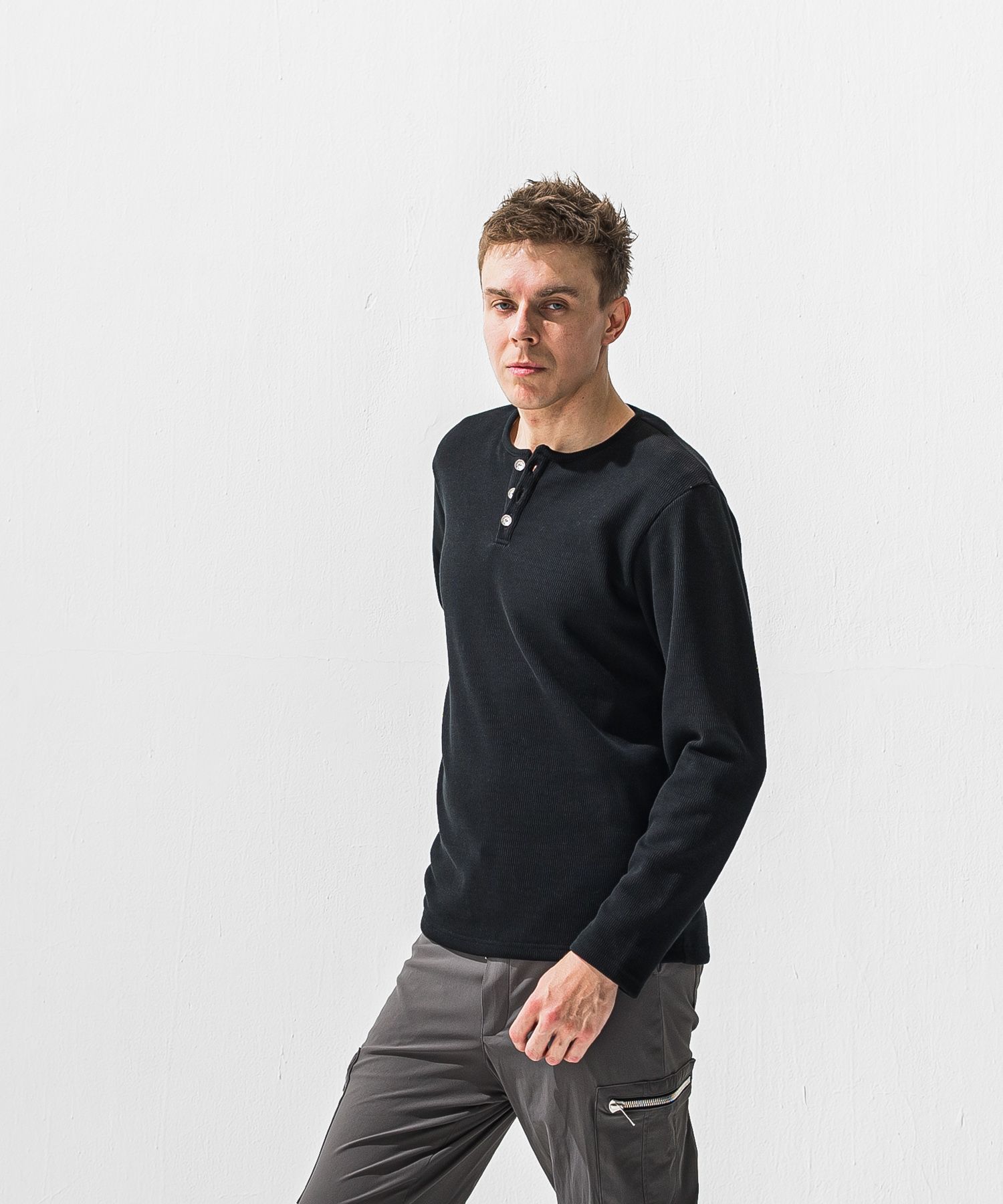 VELOURS FLEECE THERMAL HENRY / RC42-C-003 / 裏起毛サーマルヘンリーネックロングTシャツ / ブラック (10月下旬入荷予定)