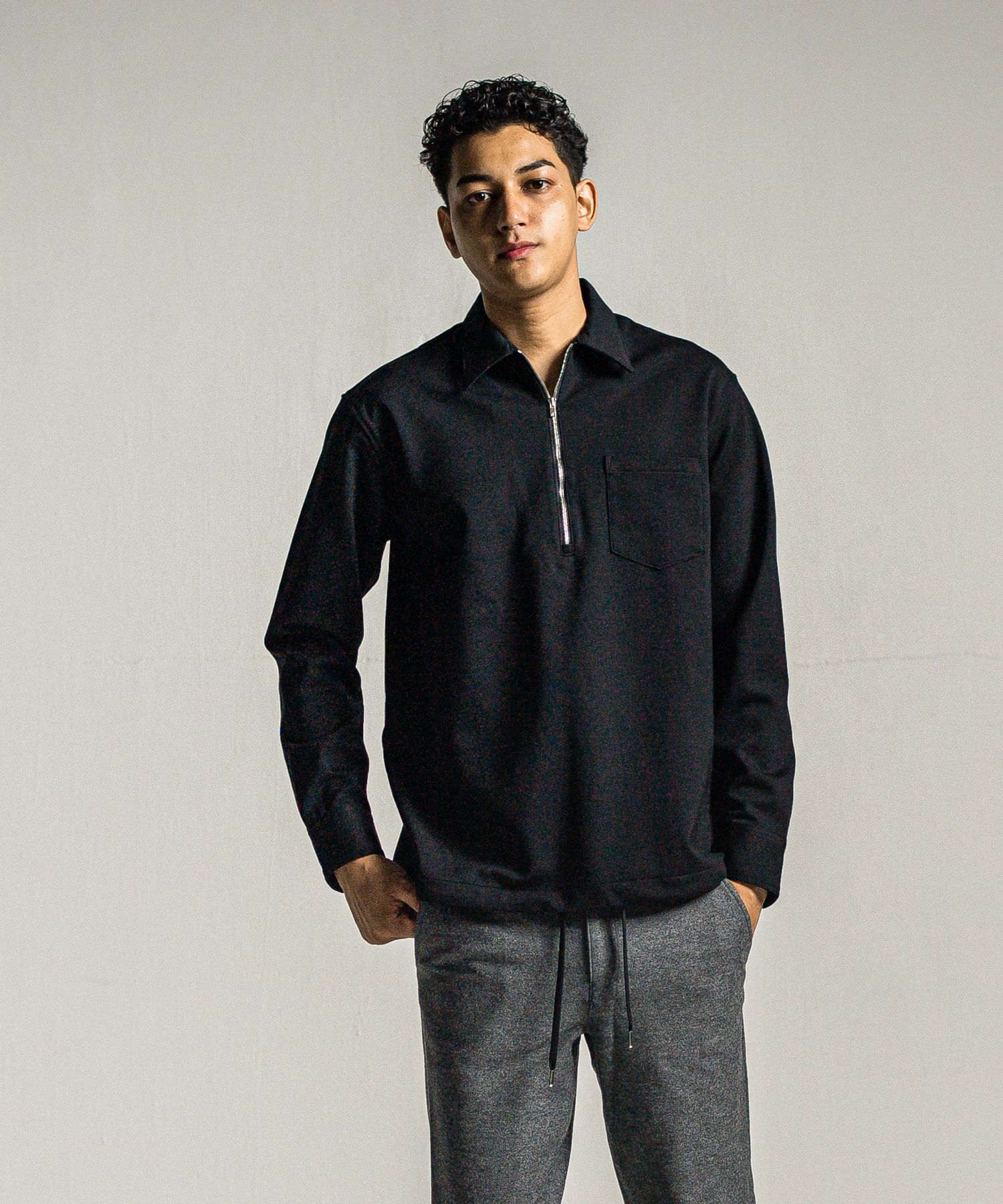 PULLOVER JERSEY SHIRT / RC34-SH-002 / 裏起毛ハーフジップシャツ / ブラック