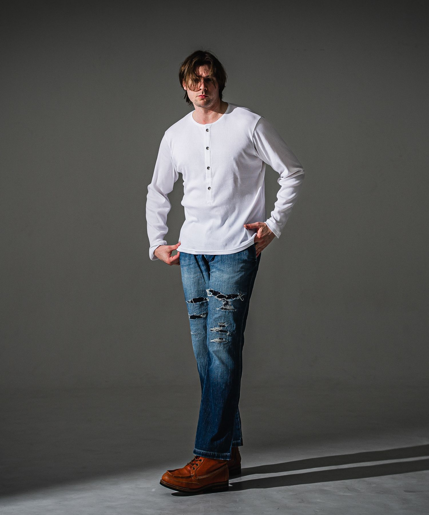 RIB HENRY LONGSLEEVE / RC41-T-005 / リブヘンリーネック長袖Tシャツ / ホワイト (7月中旬入荷予定)