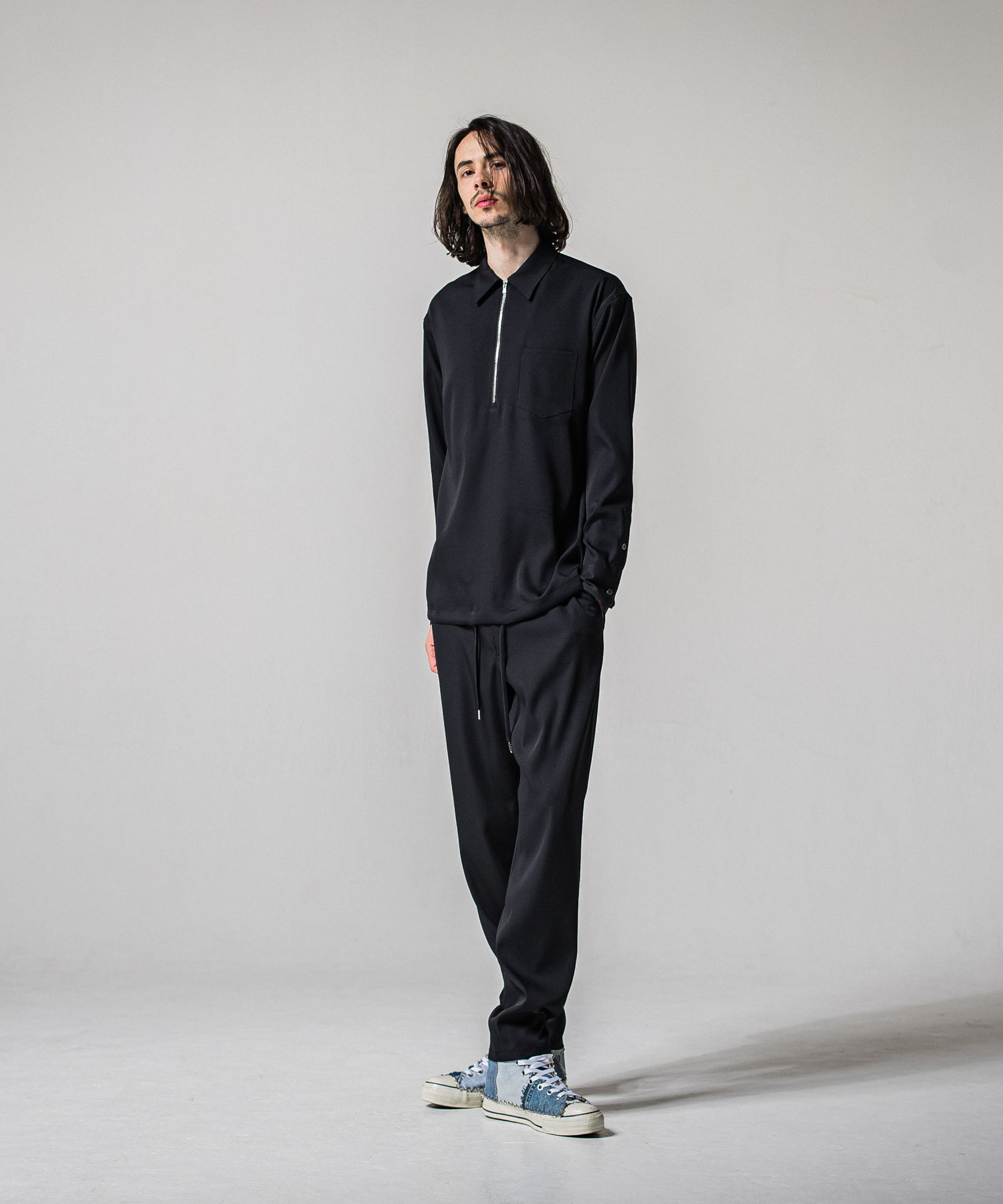 PULLOVER SATIN SHIRT / RC39-SH-002 / ハーフジップサテンシャツ / ブラック (3月上旬入荷予定)