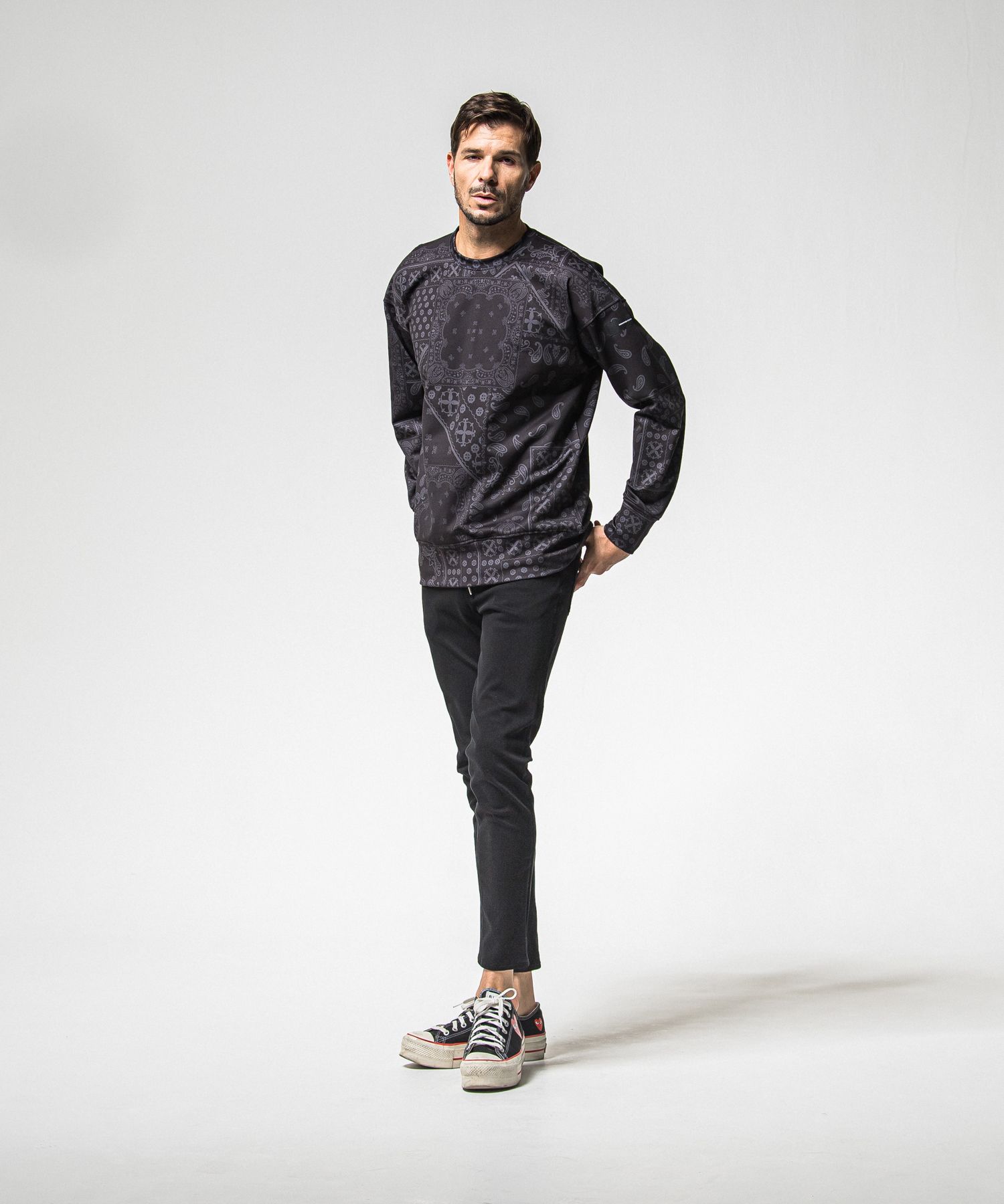 PAISLEY BACK FLEECE DROP TRAINER / RC38-C-008 / 裏起毛ペイズリートレーナー / ブラック (10月中旬入荷予定)