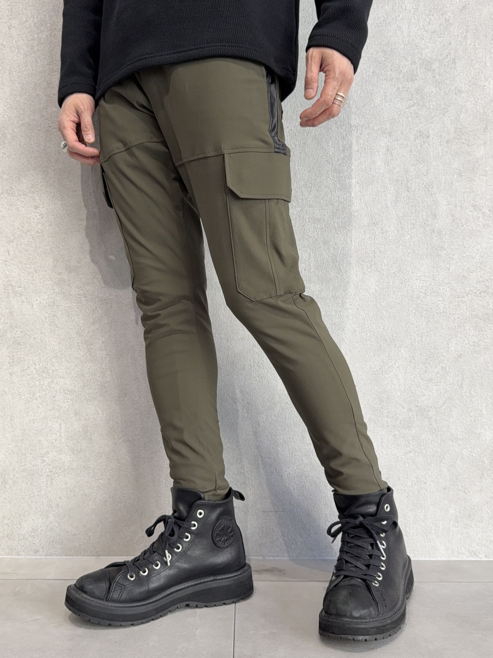 DARRELL CARGO PT / BASIC-ST-010 / ナイロン レザーラインカーゴパンツ / カーキ×レザーブラック