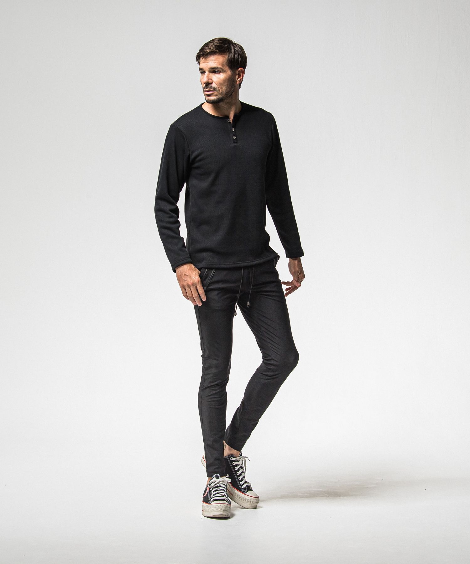 VELOURS FLEECE THERMAL HENRY / RC38-C-003 / 裏起毛サーマルヘンリーネックロングTシャツ / ブラック (10月中旬入荷予定)