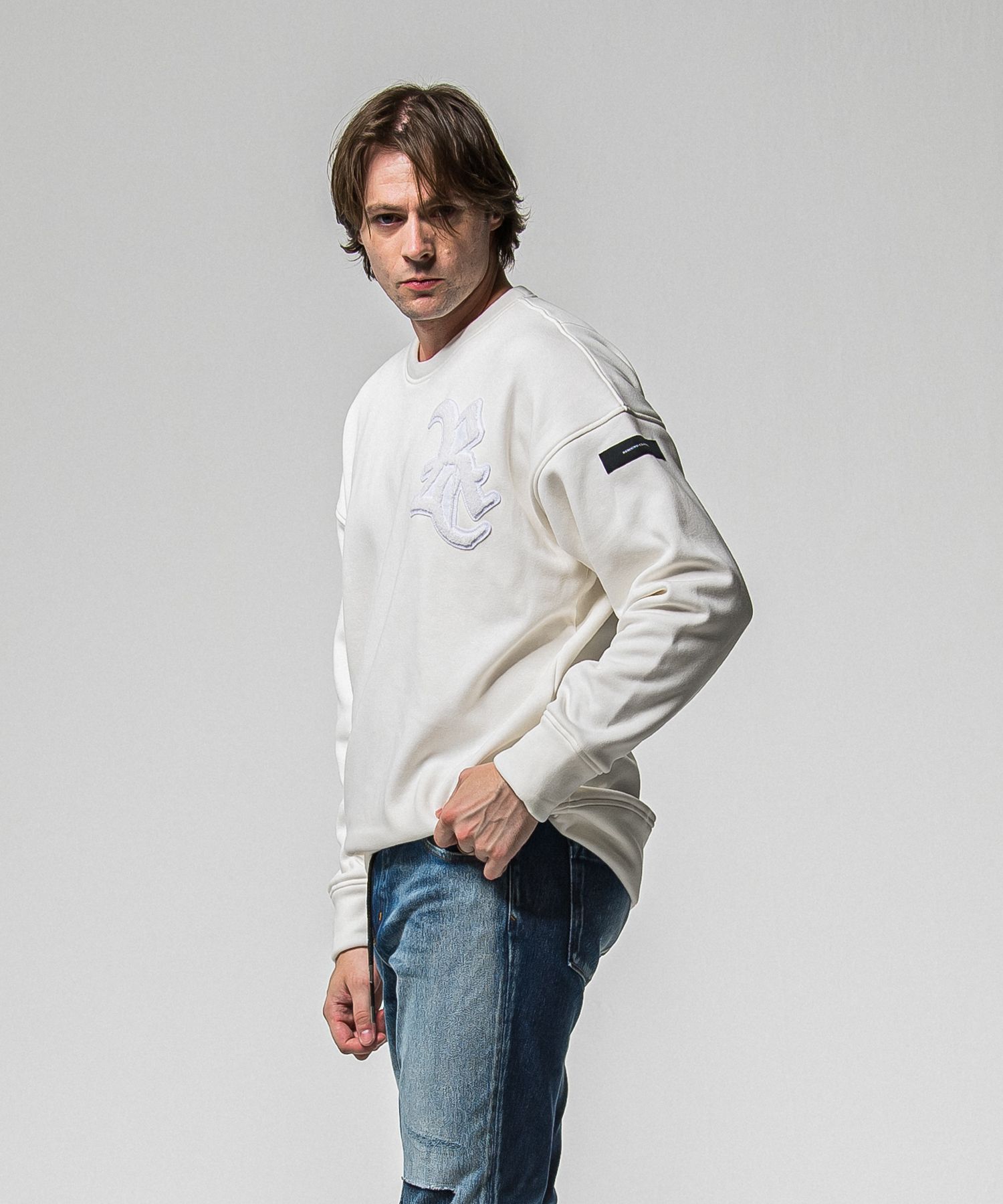 RC CHENILLE VELOURS FLEECE DROP TRAINER / RC38-C-004 / 裏起毛刺繍ワッペントレーナー / ホワイト (11月上旬入荷予定)