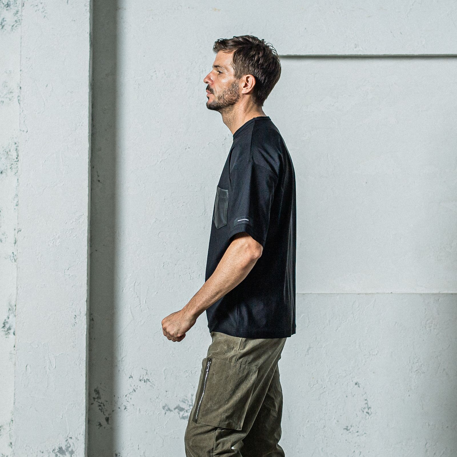 LEATHER POCKET OVER NYLON T / RC35-T-005 / レザーポケットナイロンビッグTシャツ / ブラック