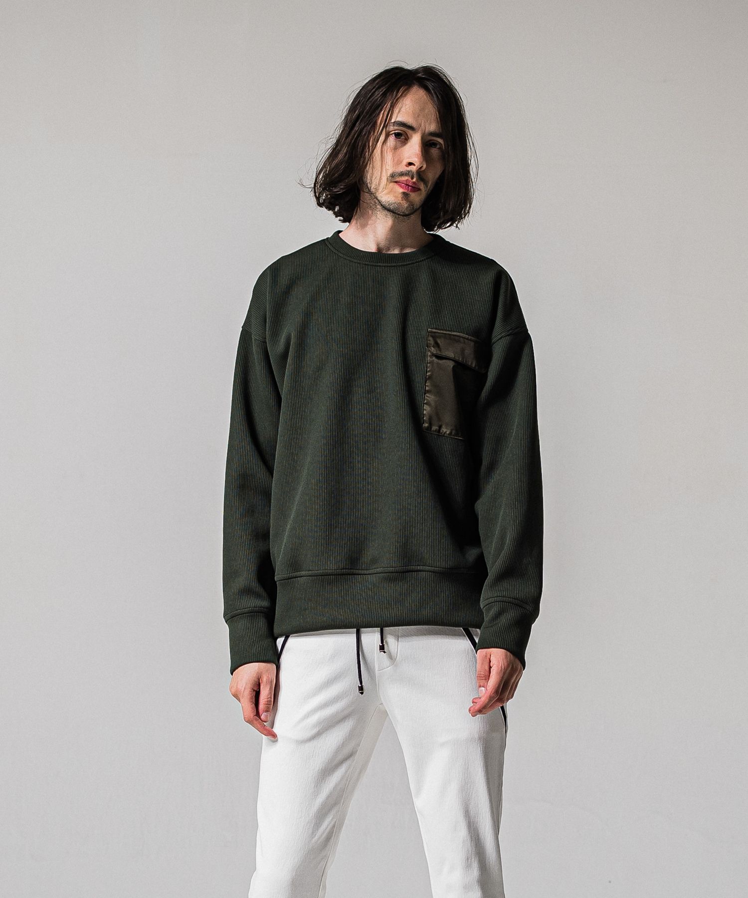 AZE MILITARY DROP TRAINER / RC39-C-003 / 高機能畦編みニットトレーナー / カーキ (1月下旬入荷予定)