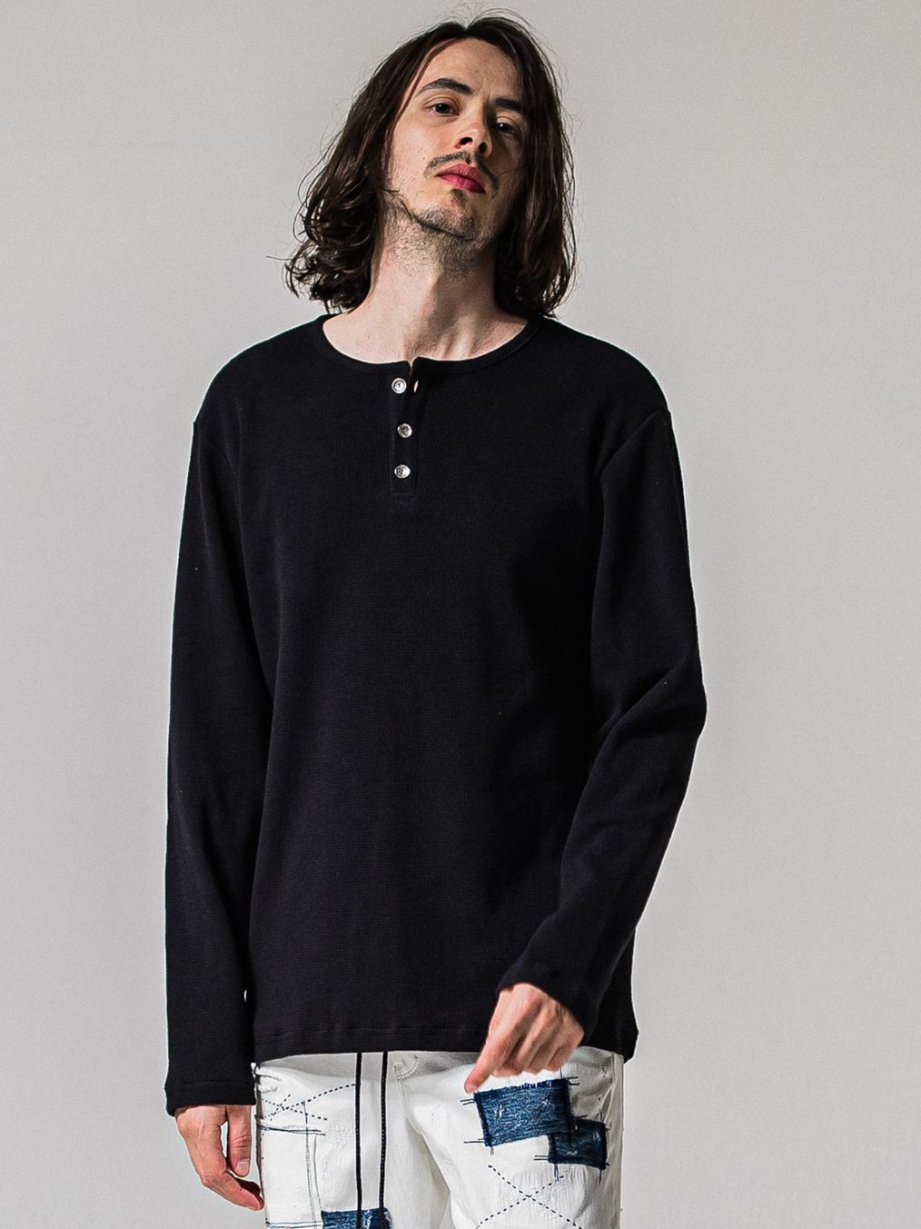WAFFLE HENRY / RC39-C-001 / サーマルヘンリーネックロングTシャツ / ブラック (1月中旬入荷予定)