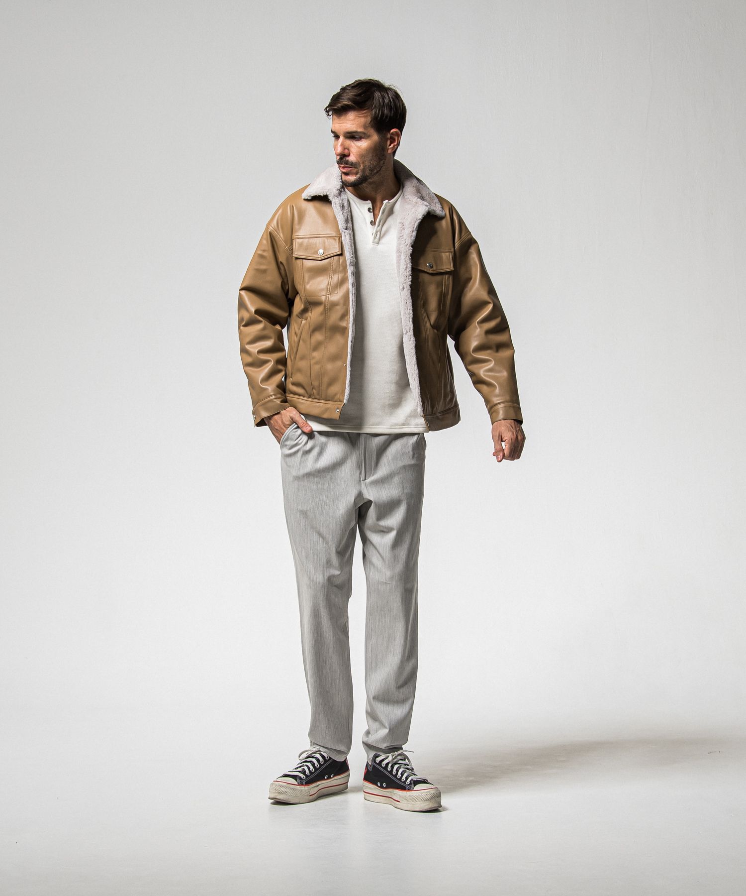 VELOURS FLEECE THERMAL HENRY / RC38-C-003 / 裏起毛サーマルヘンリーネックロングTシャツ / ホワイト (10月中旬入荷予定)