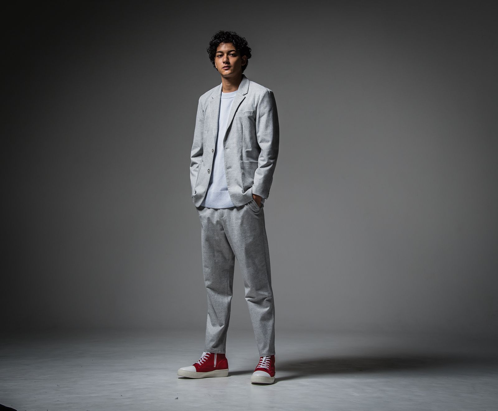 PAT WIDE EASY PANTS / RC30-ST-036 / ベルト付きテーパードワイドパンツ / グレーウール