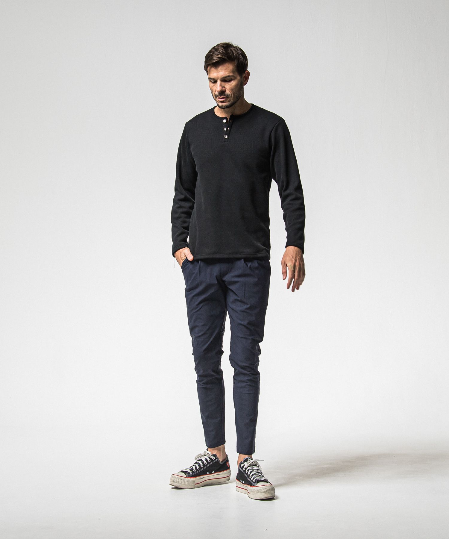 VELOURS FLEECE THERMAL HENRY / RC38-C-003 / 裏起毛サーマルヘンリーネックロングTシャツ / ブラック (10月中旬入荷予定)